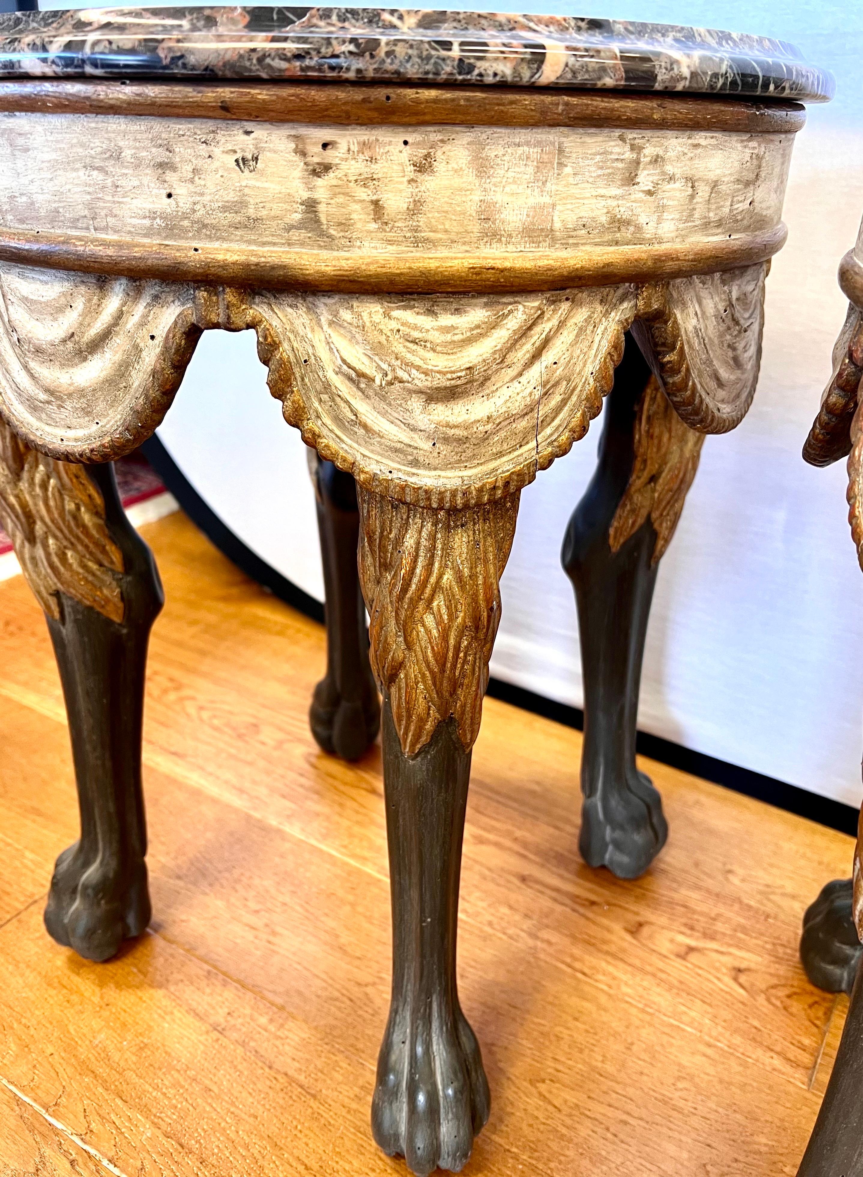20th Century Neapolitan Style Round Marble Top Painted and Gilt End Side Table, a Pair For Sale