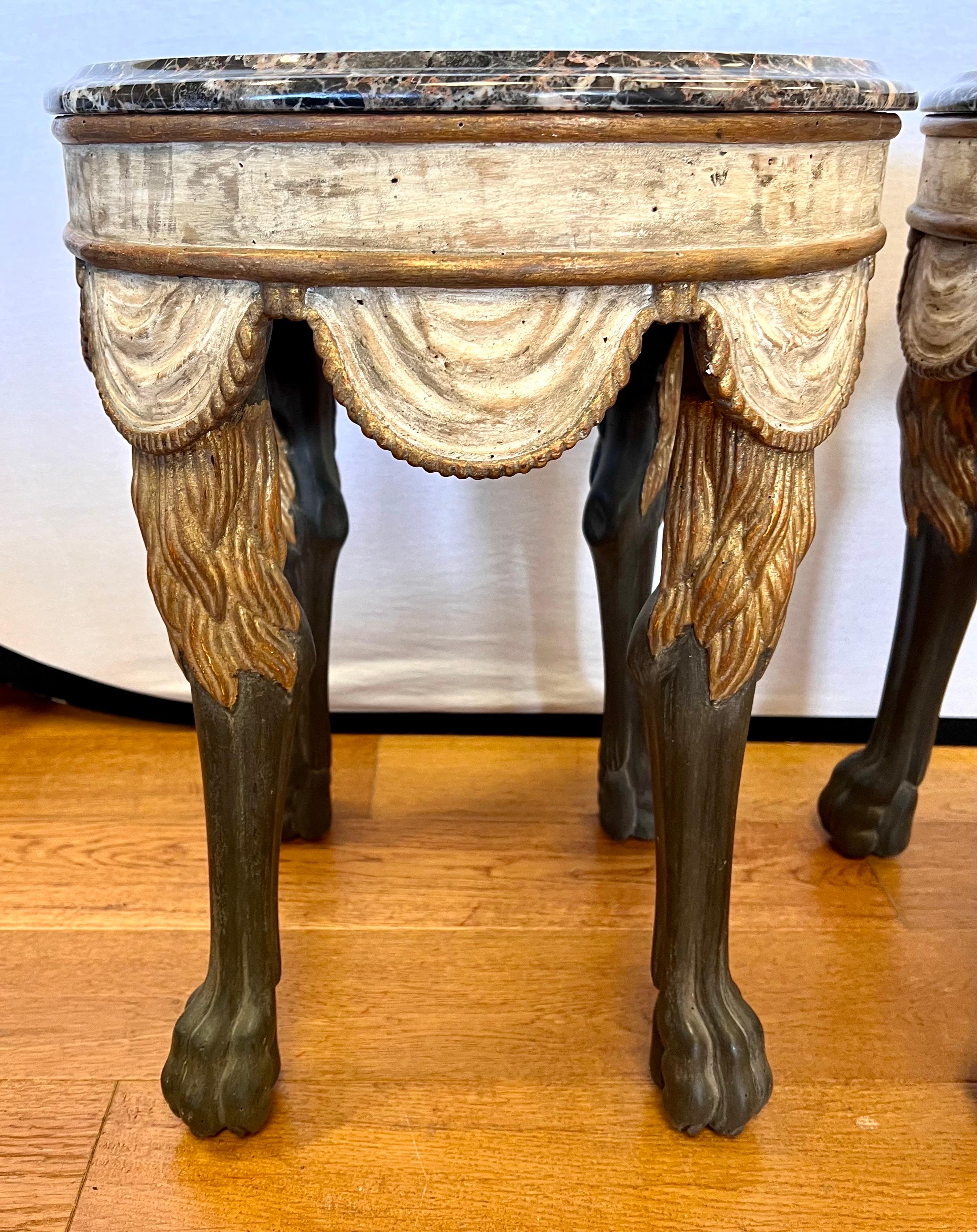 Neapolitan Style Round Marble Top Painted and Gilt End Side Table, a Pair For Sale 2