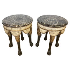 Neapolitan Style Round Marble Top Painted and Gilt End Side Table, a Pair