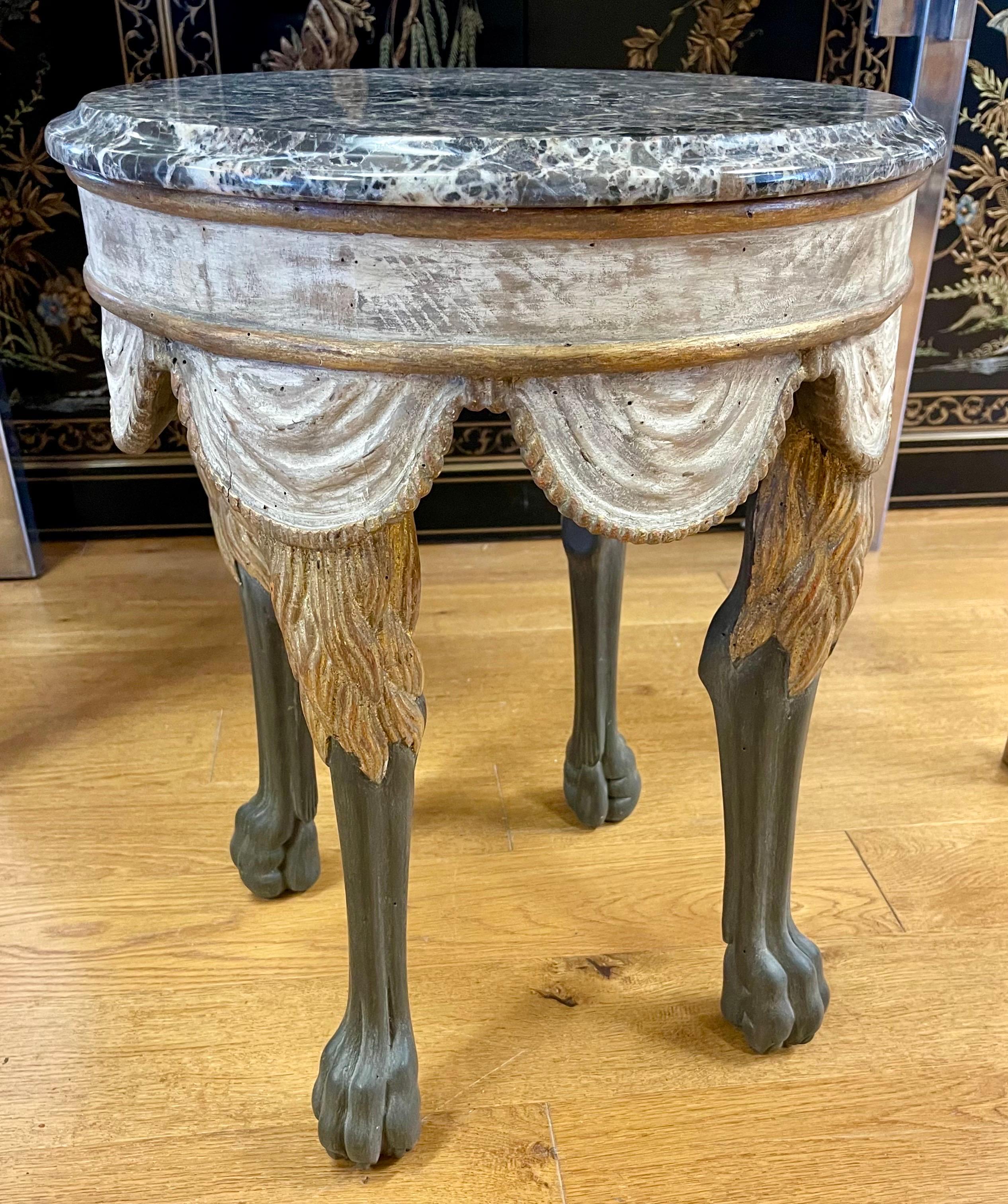 Neapolitan Style Round Marble Top Painted and Gilt End Side Table For Sale 1
