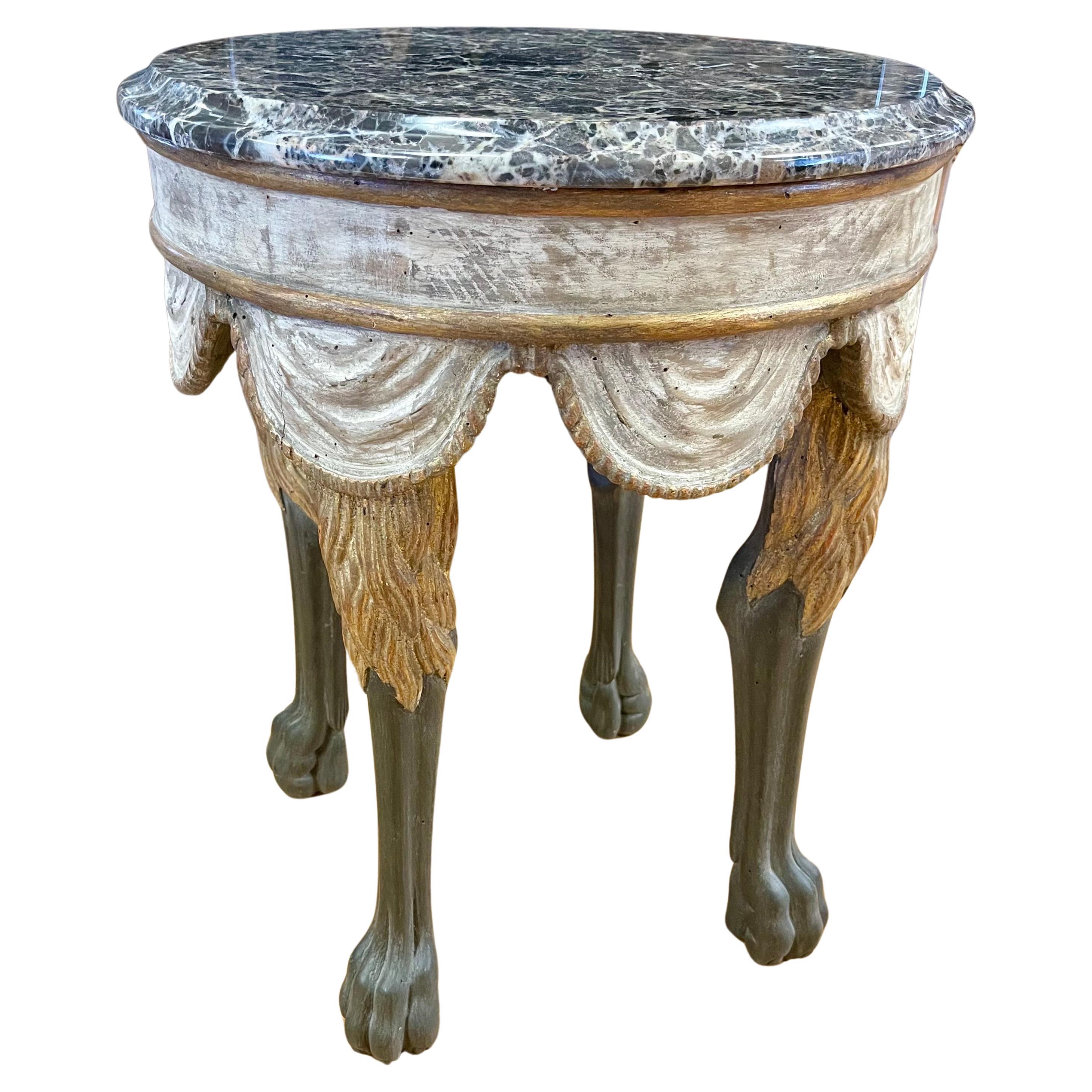 Neapolitan Style Round Marble Top Painted and Gilt End Side Table For Sale