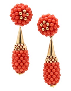 NEAPOLITAN Vintage Pendientes Colgantes De Coral Rojo Vivo En Oro Amarillo De 18 Quilates
