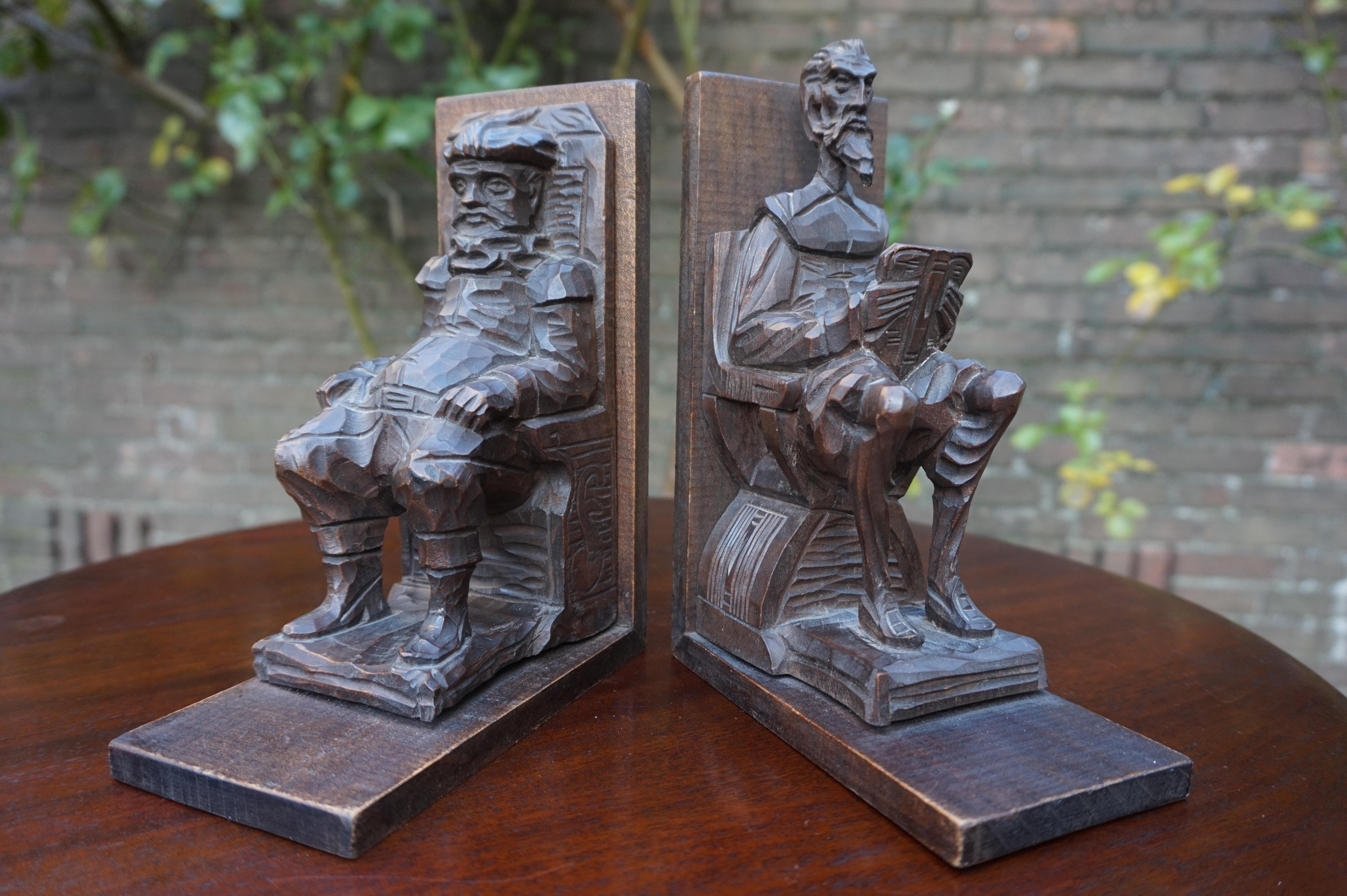 Near Antique Hand Carved Wooden Don Quixote and Sancho Panza Sculpture Bookends 3