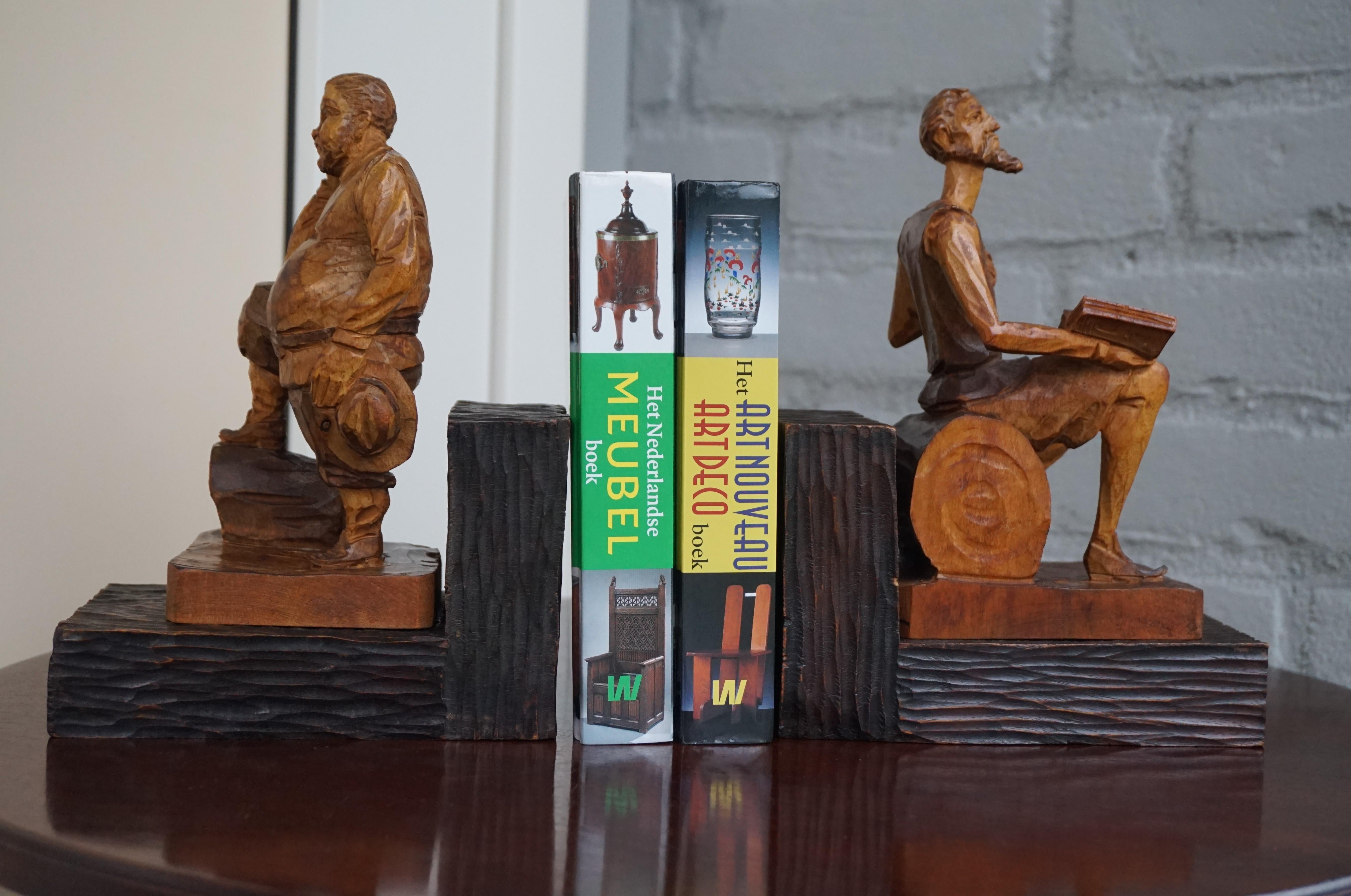 20th Century Near Antique Hand Carved Wooden Don Quixote and Sancho Panza Sculpture Bookends