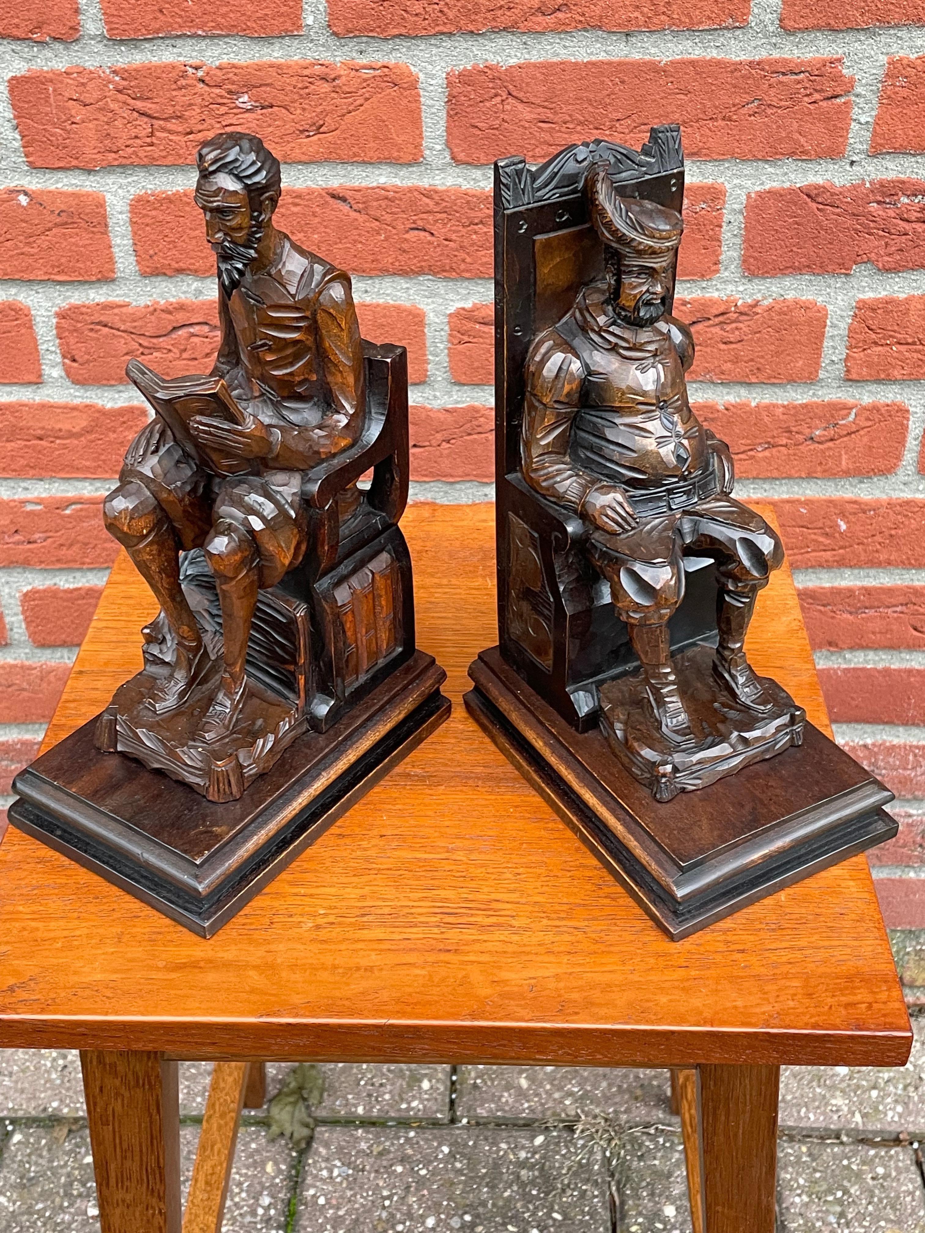 Near Antique Hand Carved Wooden Don Quixote and Sancho Panza Sculpture Bookends 2