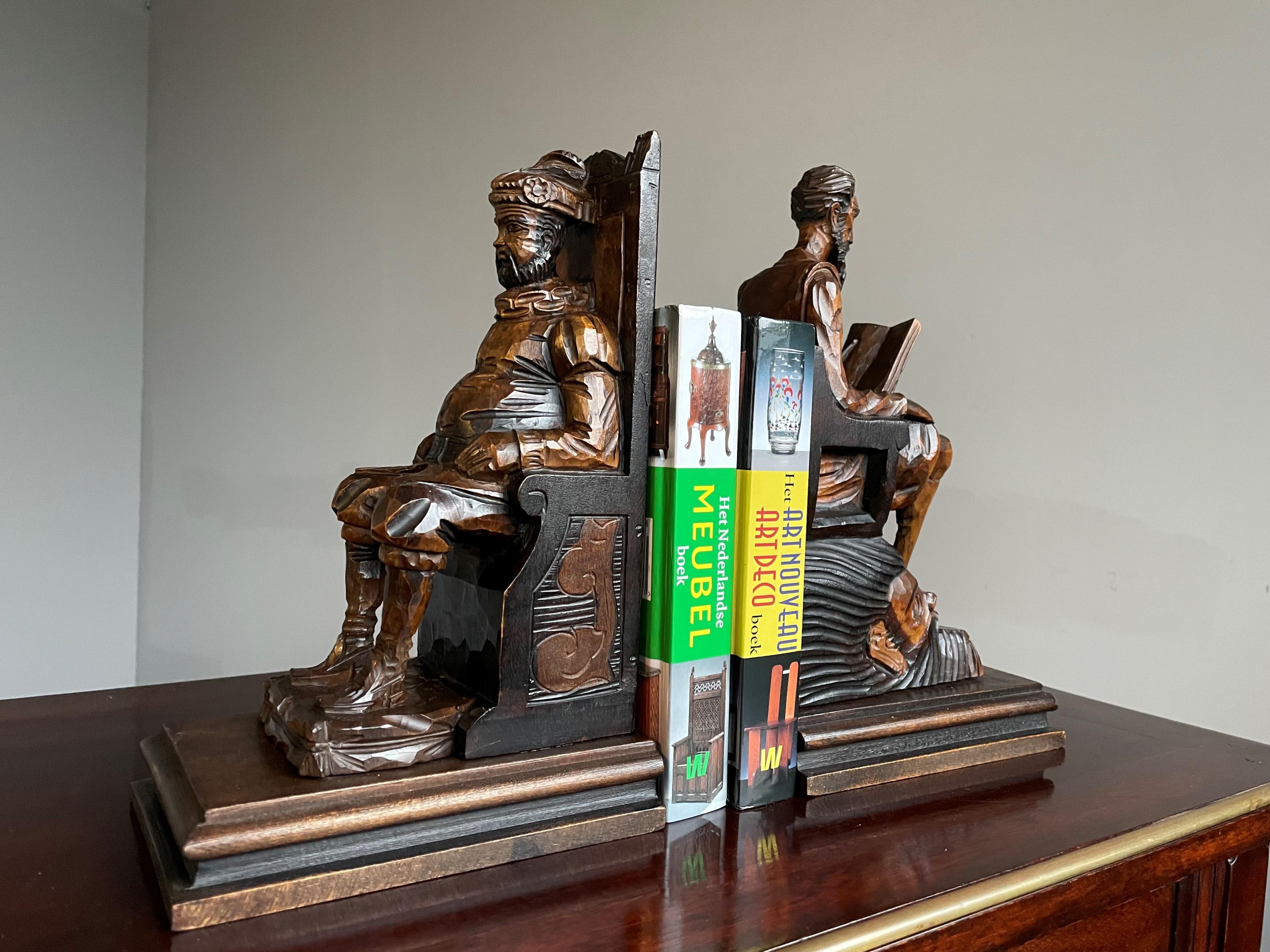 Near Antique Hand Carved Wooden Don Quixote and Sancho Panza Sculpture Bookends 4