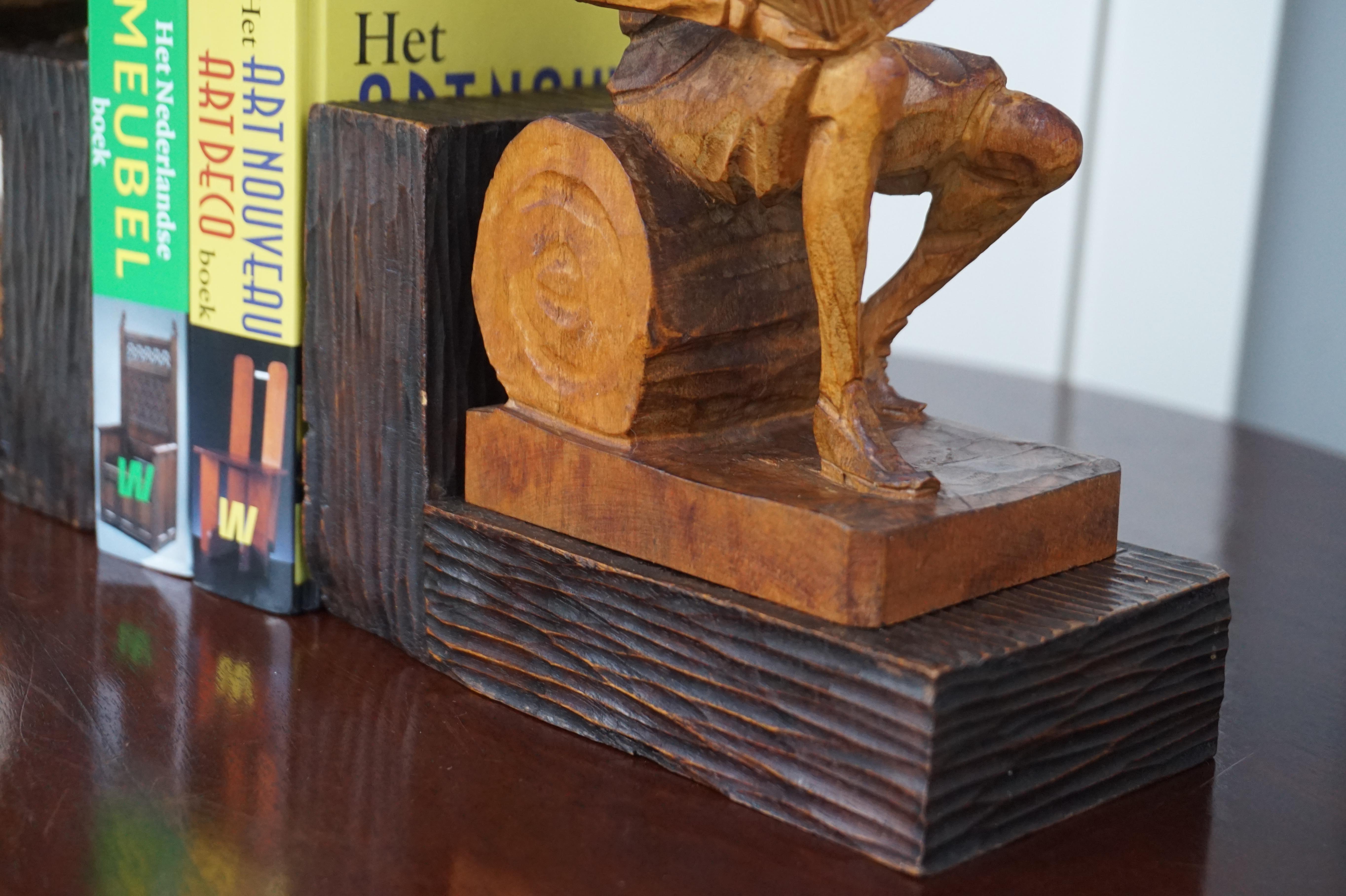 Near Antique Hand Carved Wooden Don Quixote and Sancho Panza Sculpture Bookends 6