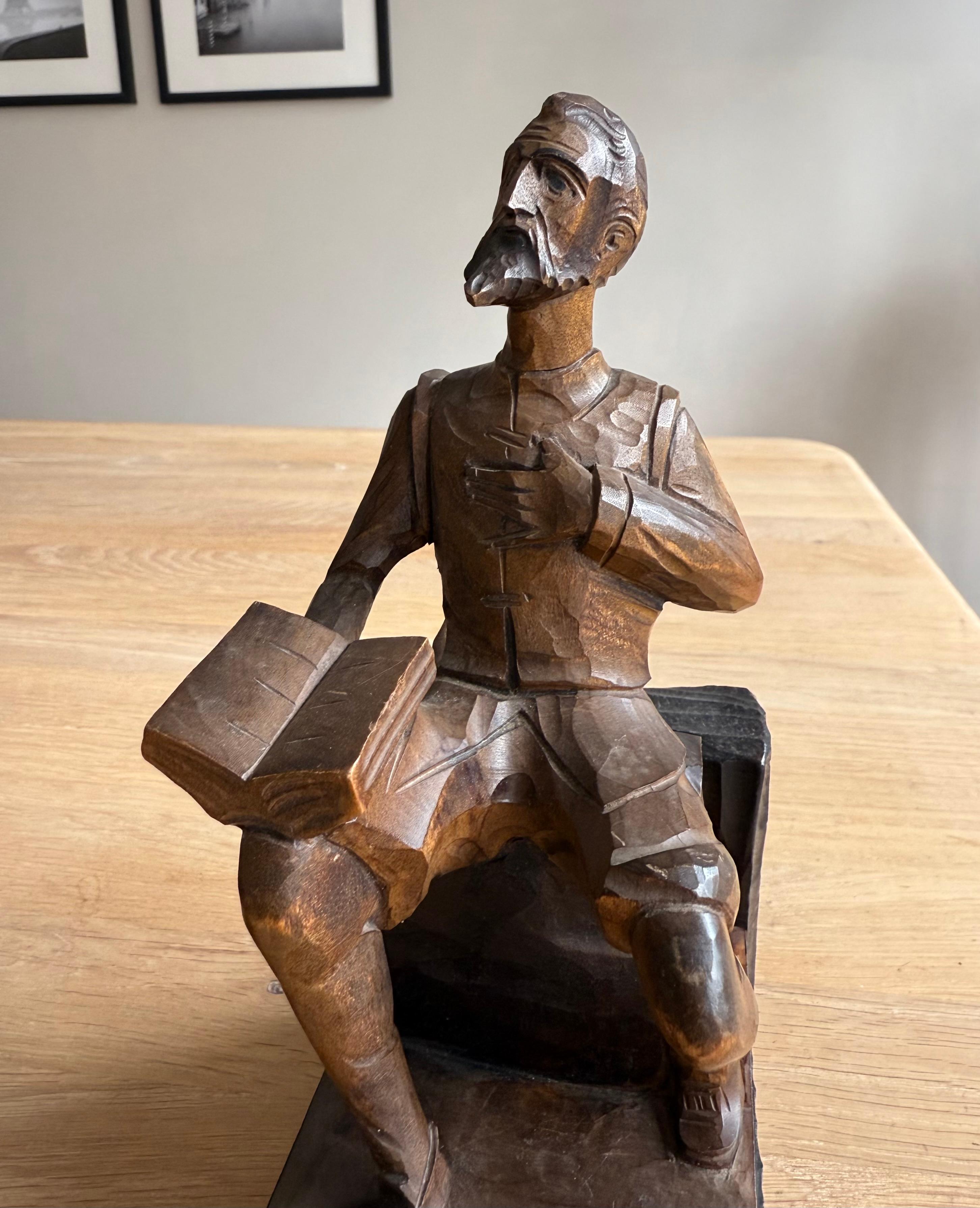 Reggilibri scultura Don Chisciotte e Sancho Panza, quasi antichi, intagliati a mano in legno in vendita 11