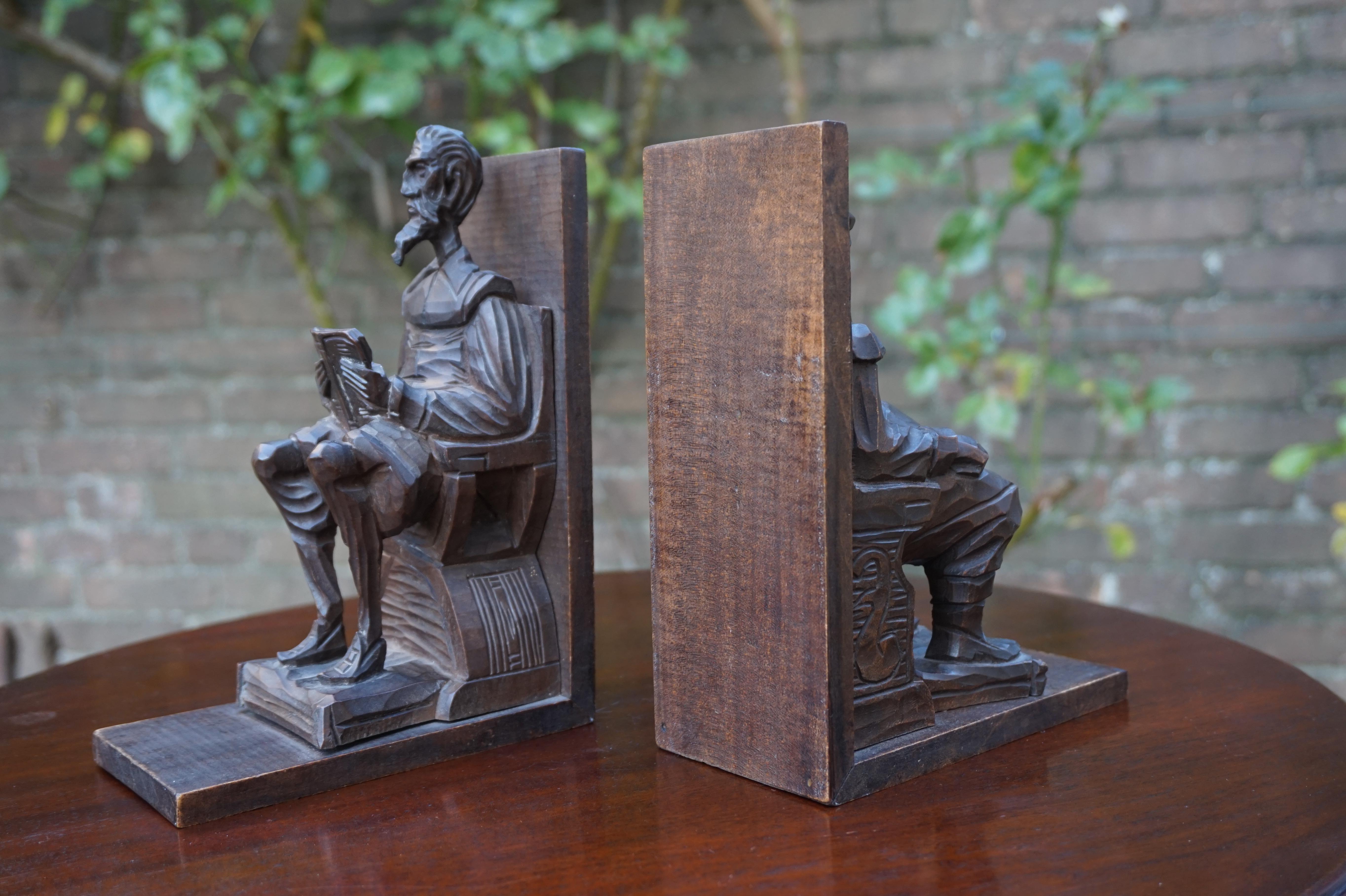 Hand-Crafted Near Antique Hand Carved Wooden Don Quixote and Sancho Panza Sculpture Bookends