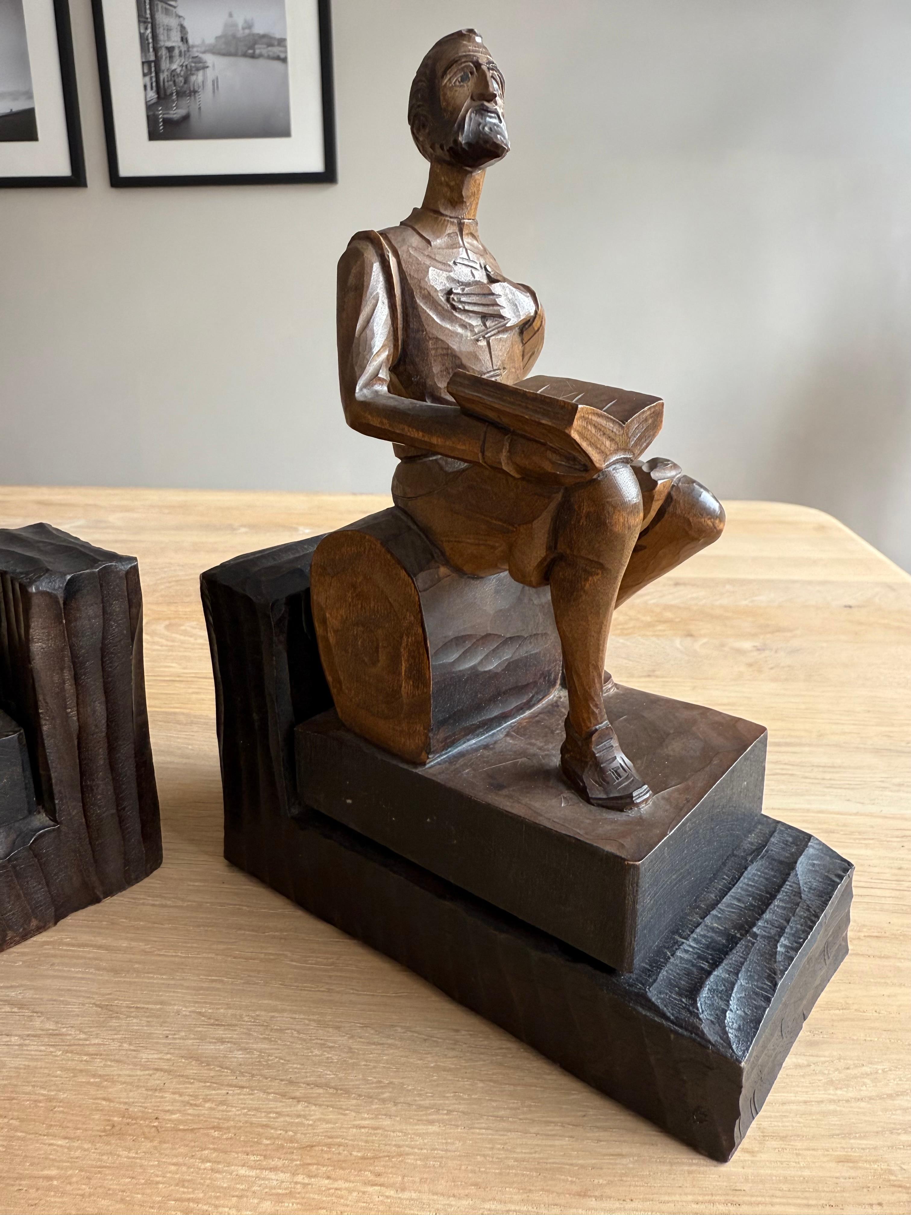 Annerito Reggilibri scultura Don Chisciotte e Sancho Panza, quasi antichi, intagliati a mano in legno in vendita