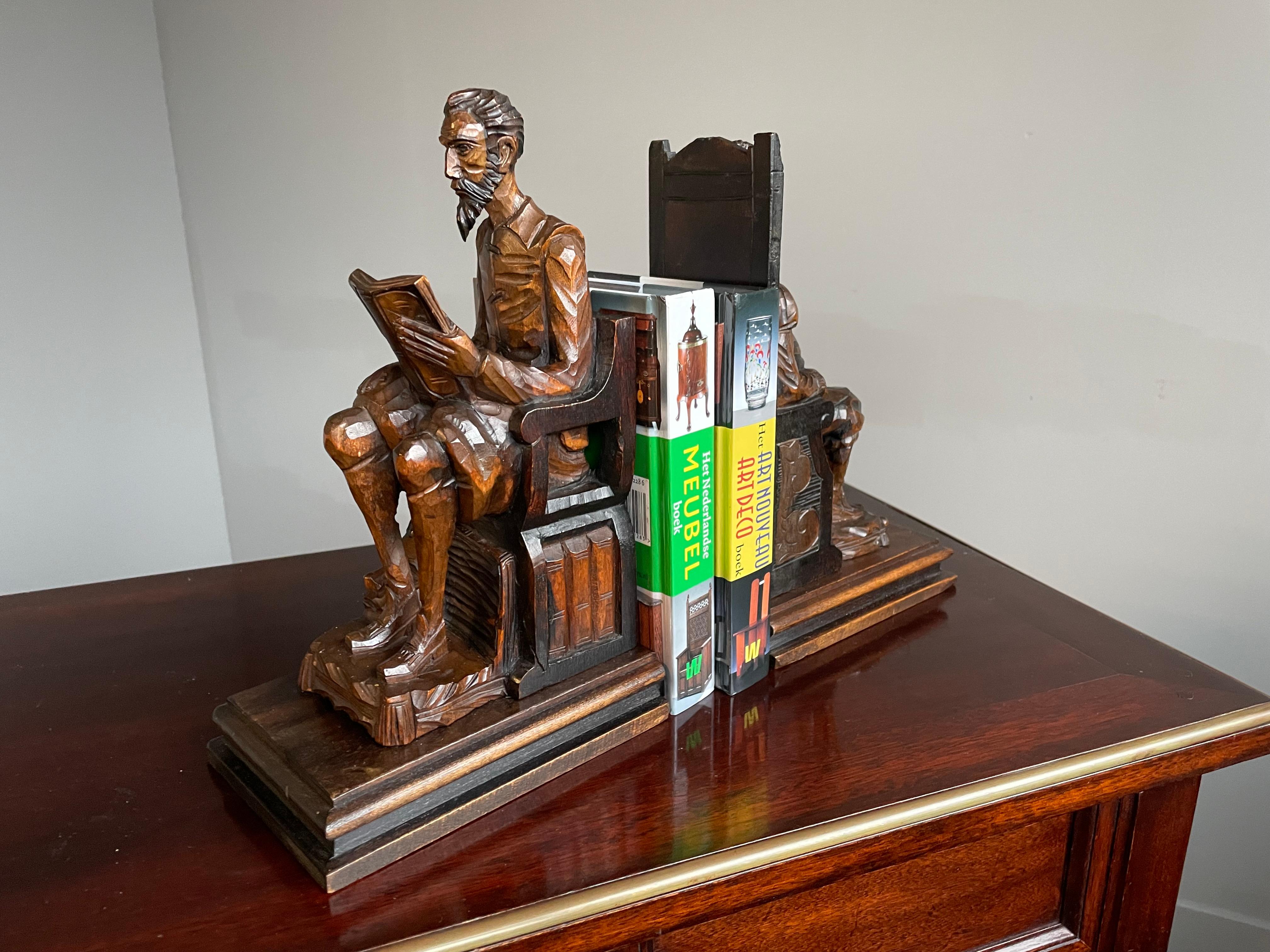 Arts and Crafts Near Antique Hand Carved Wooden Don Quixote and Sancho Panza Sculpture Bookends