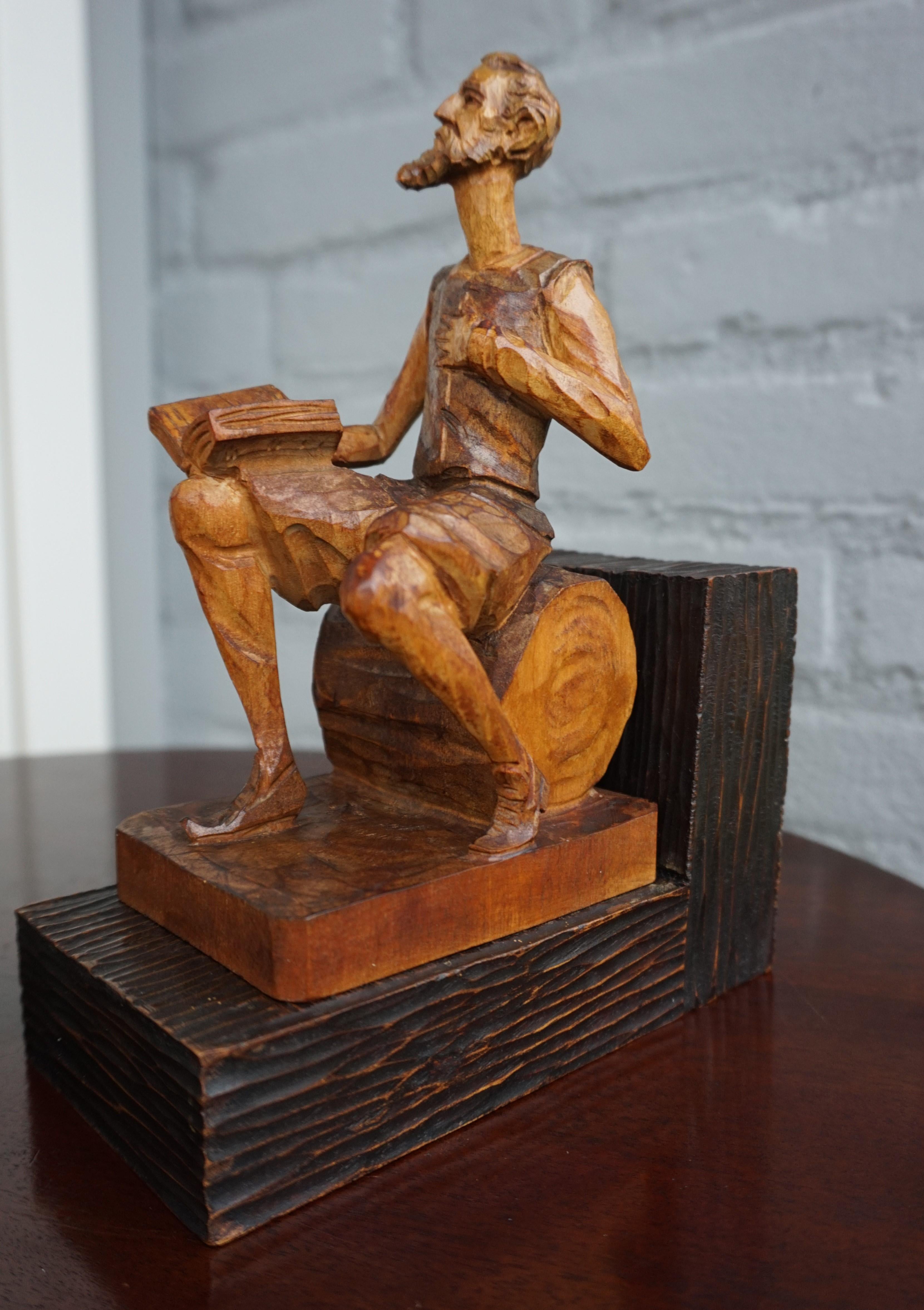 Hand-Crafted Near Antique Hand Carved Wooden Don Quixote and Sancho Panza Sculpture Bookends