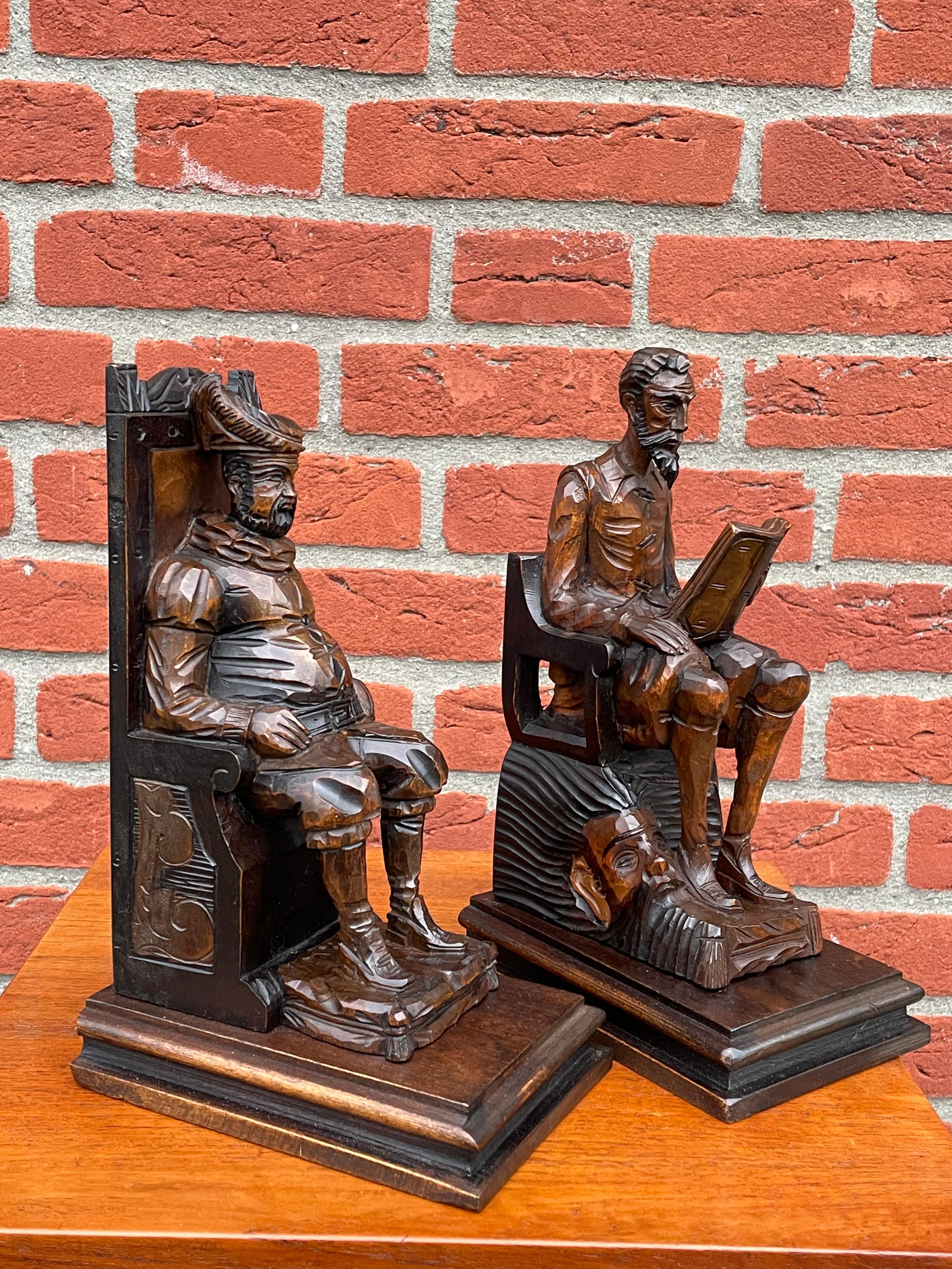 Blackened Near Antique Hand Carved Wooden Don Quixote and Sancho Panza Sculpture Bookends