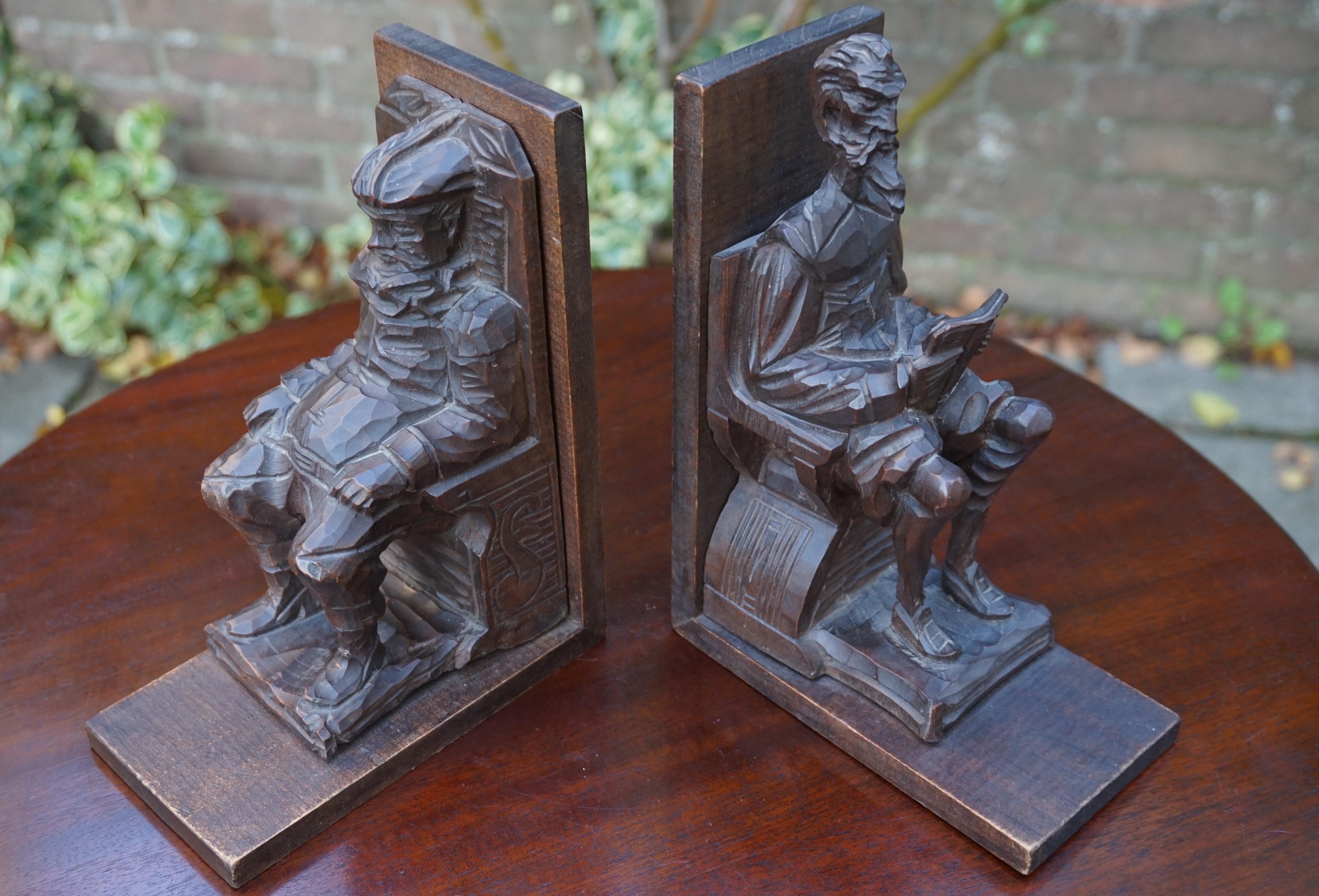 Near Antique Hand Carved Wooden Don Quixote and Sancho Panza Sculpture Bookends 2