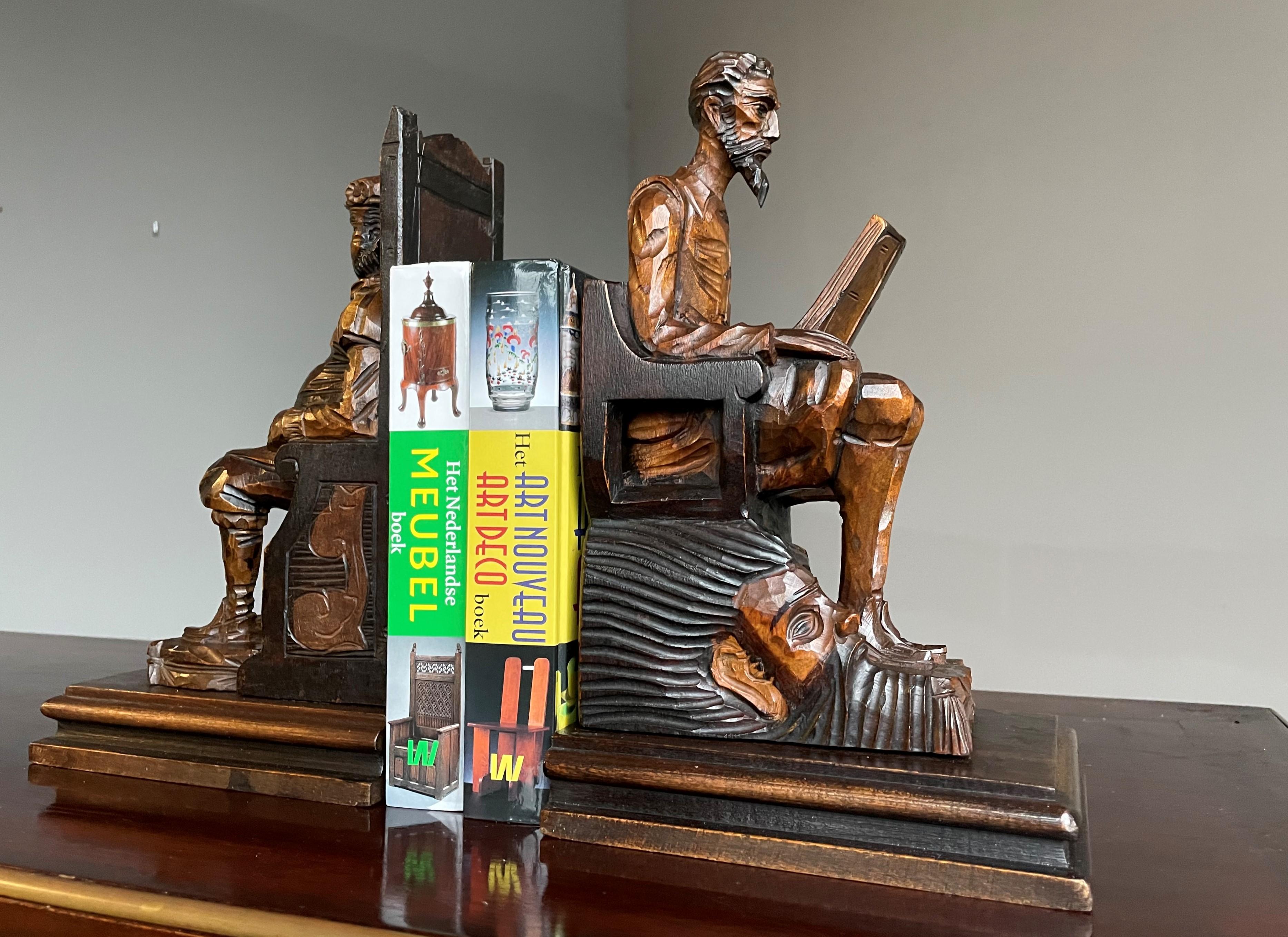 Near Antique Hand Carved Wooden Don Quixote and Sancho Panza Sculpture Bookends In Excellent Condition In Lisse, NL