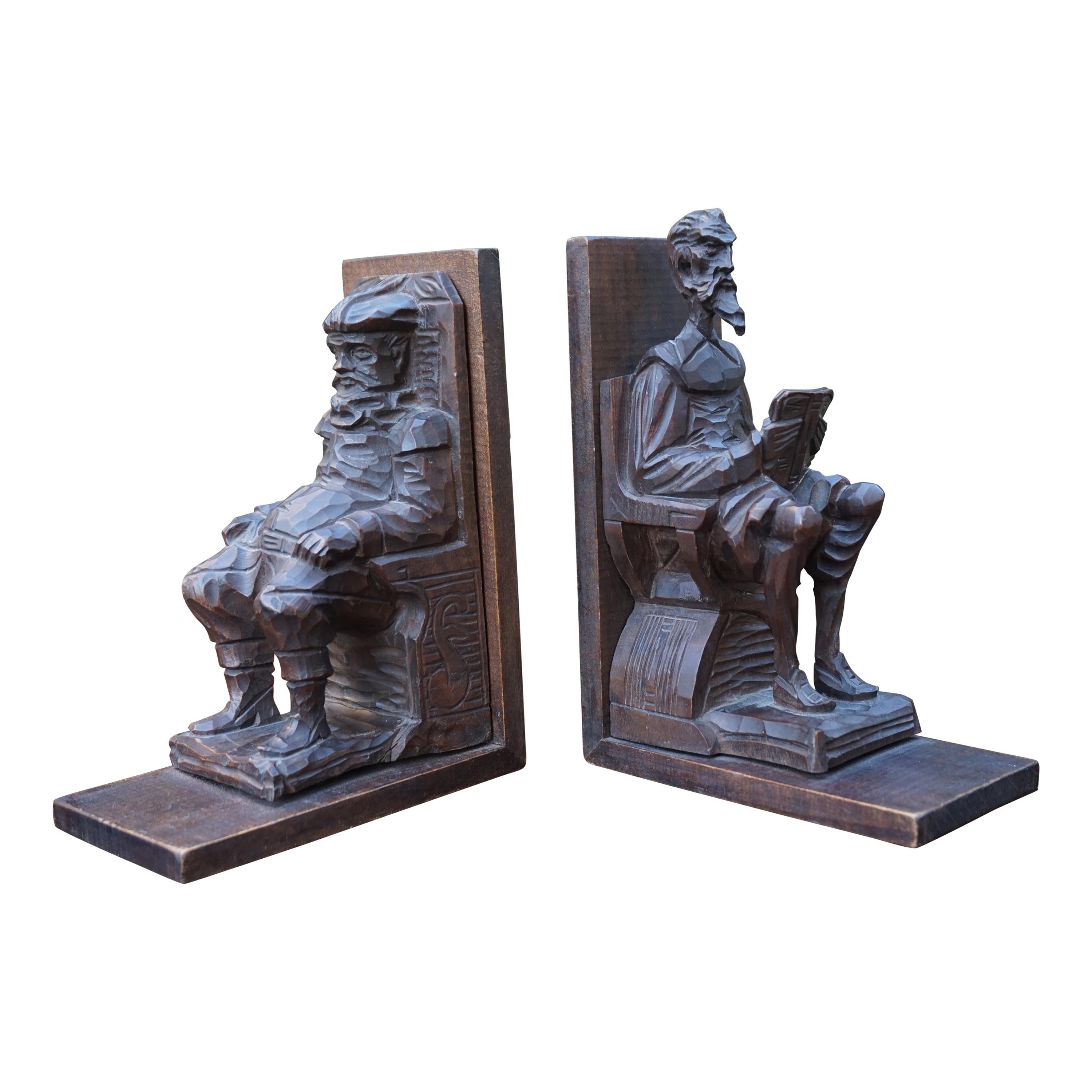 Near Antique Hand Carved Wooden Don Quixote and Sancho Panza Sculpture Bookends
