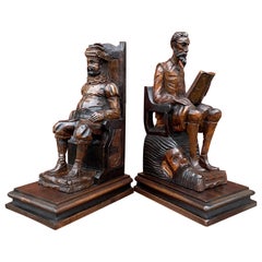 Near Antique Hand Carved Wooden Don Quixote and Sancho Panza Sculpture Bookends
