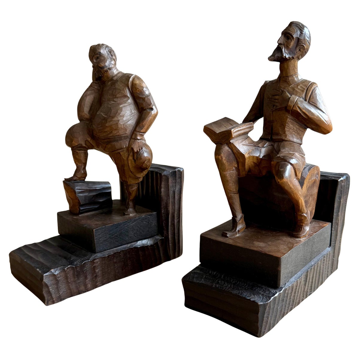 Near Antique Hand Carved Wooden Don Quixote and Sancho Panza Sculpture Bookends