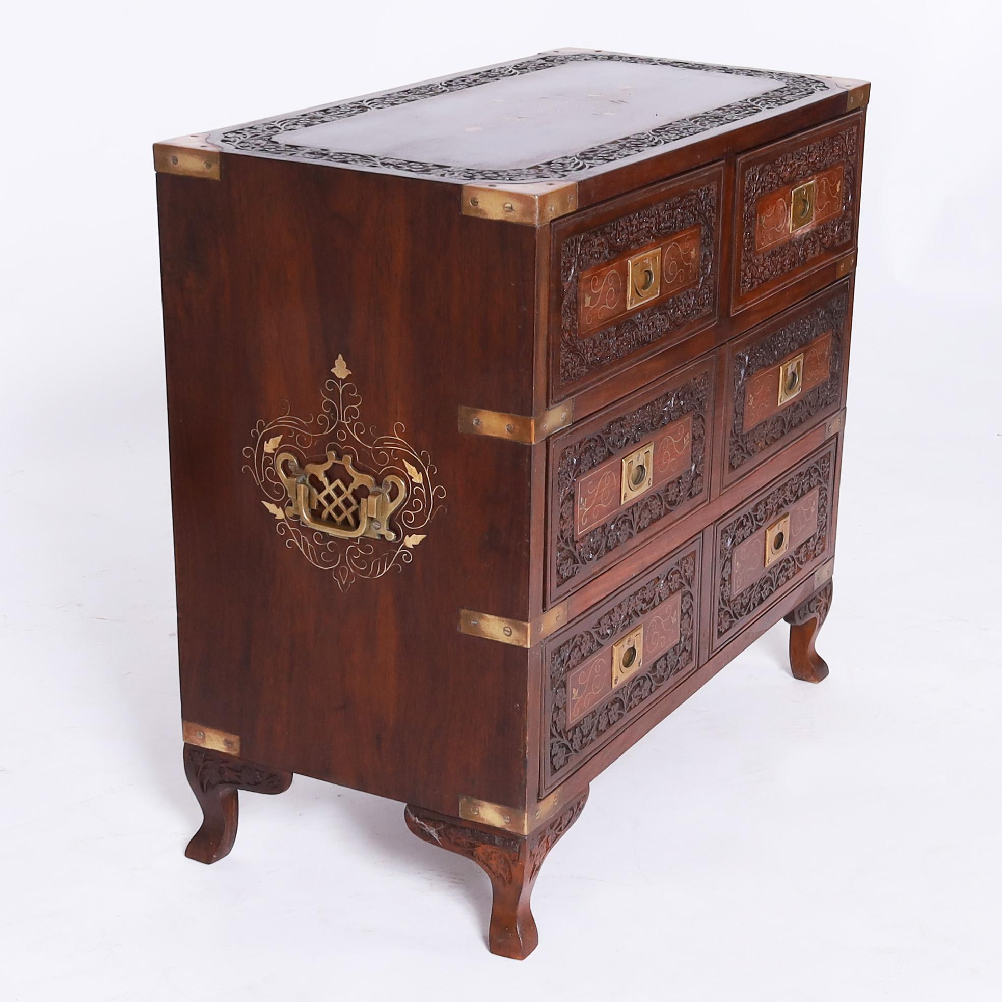 Hand-Crafted Near Antique Pair of Anglo Indian Rosewood Campaign Inlaid Stands or Chests For Sale
