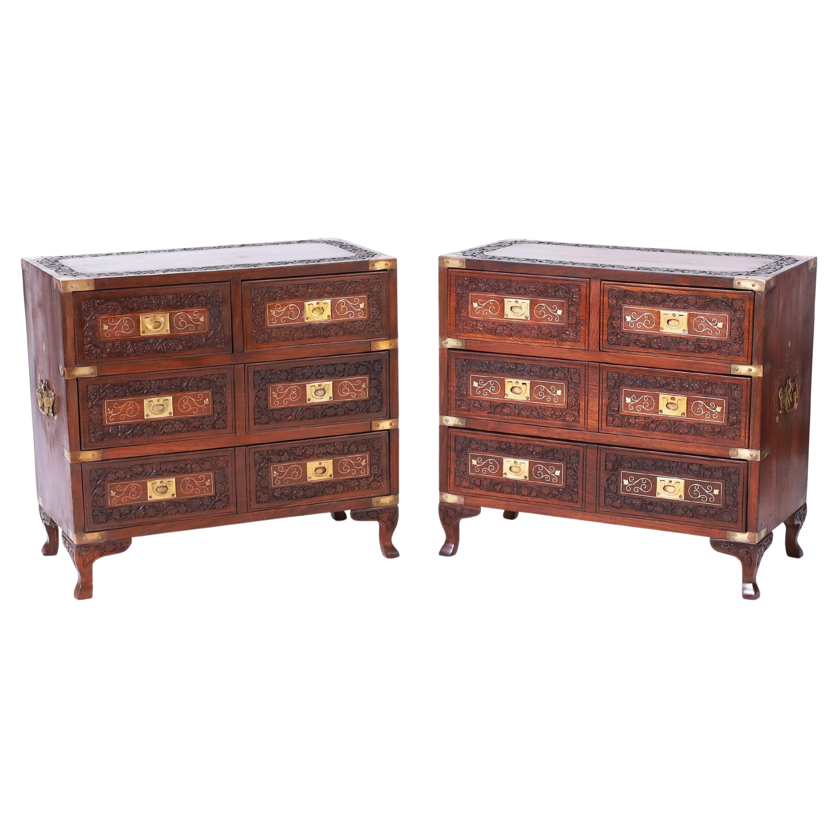 Near Antique Pair of Anglo Indian Rosewood Campaign Inlaid Stands or Chests For Sale