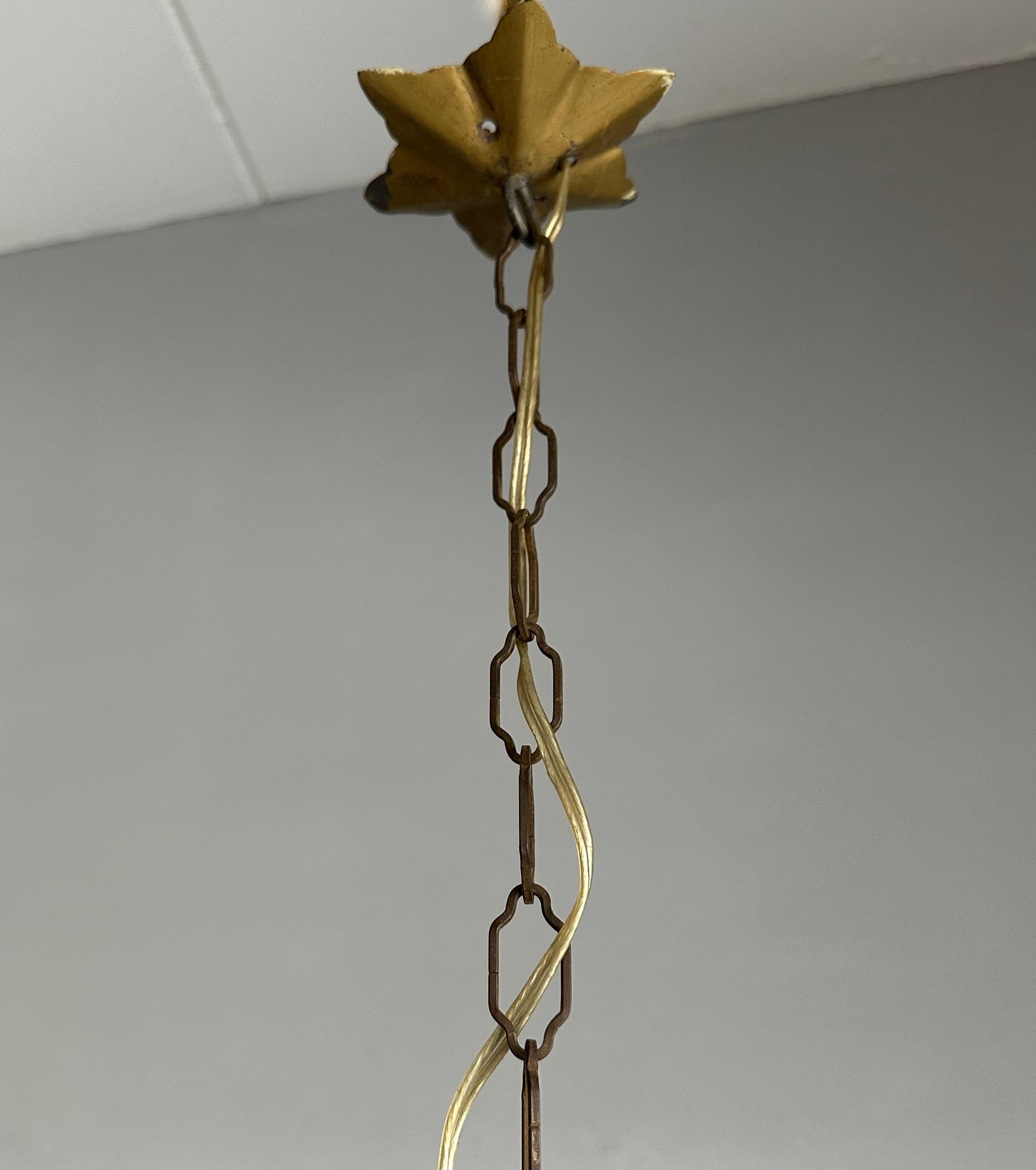 Great Antique Venetian Murano Pendant Light w. Blown Smoked Glass in Iron Frame For Sale 2