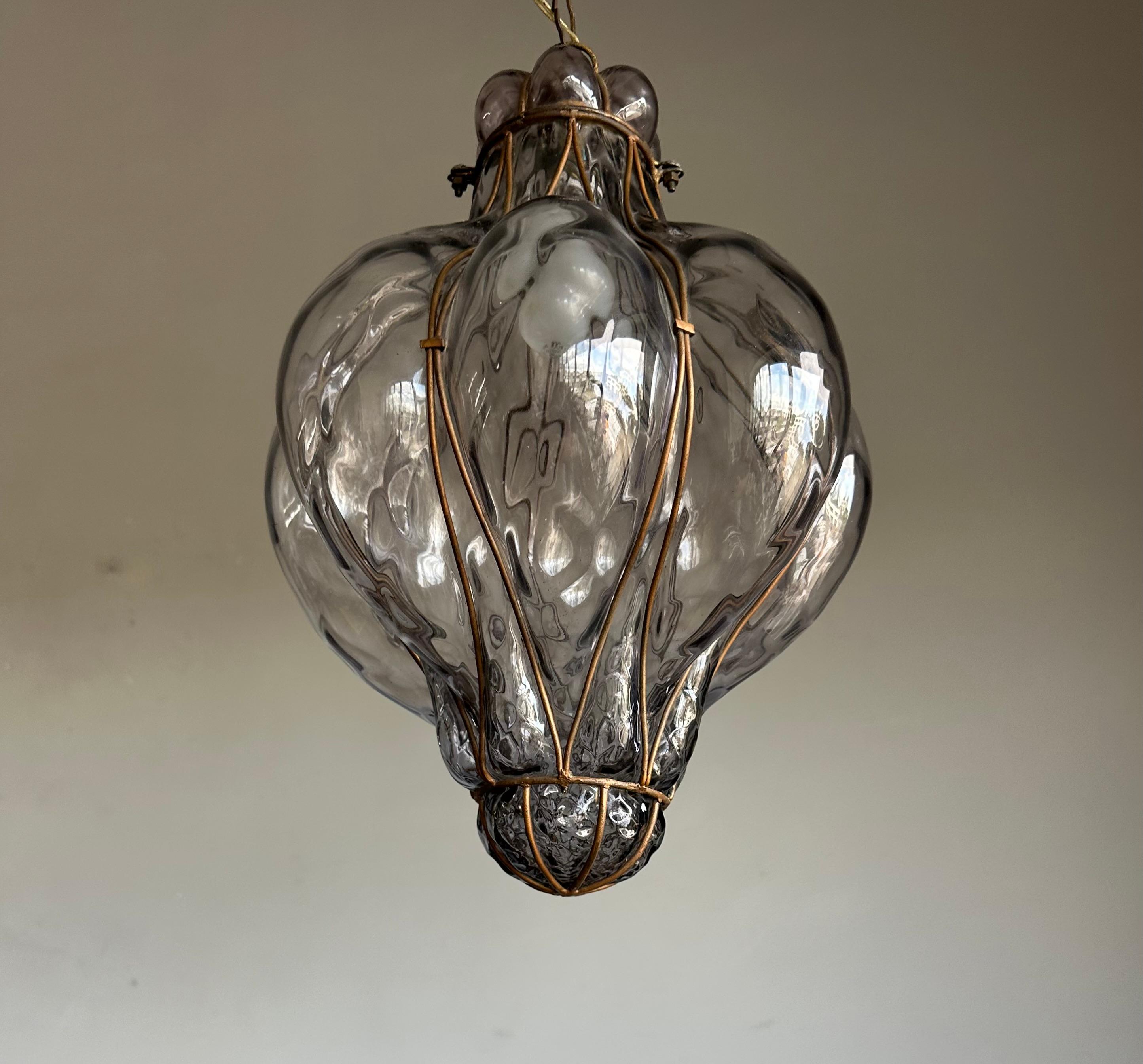Great Antique Venetian Murano Pendant Light w. Blown Smoked Glass in Iron Frame For Sale 3