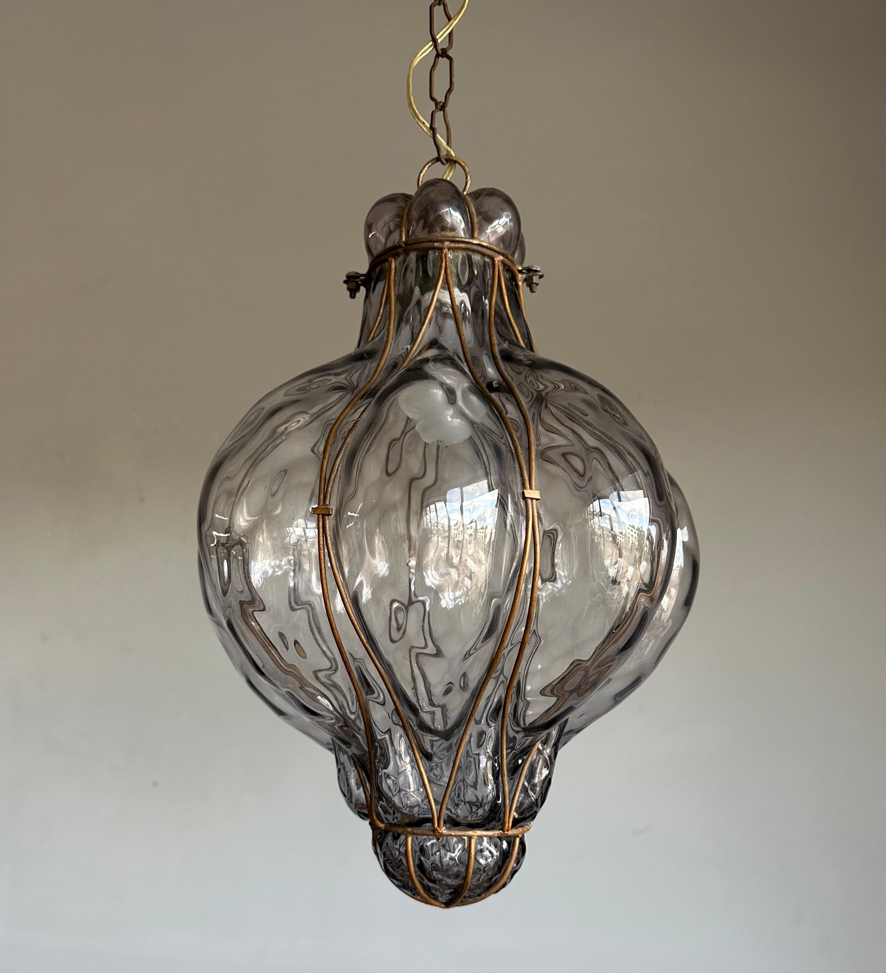 Great Antique Venetian Murano Pendant Light w. Blown Smoked Glass in Iron Frame For Sale 5