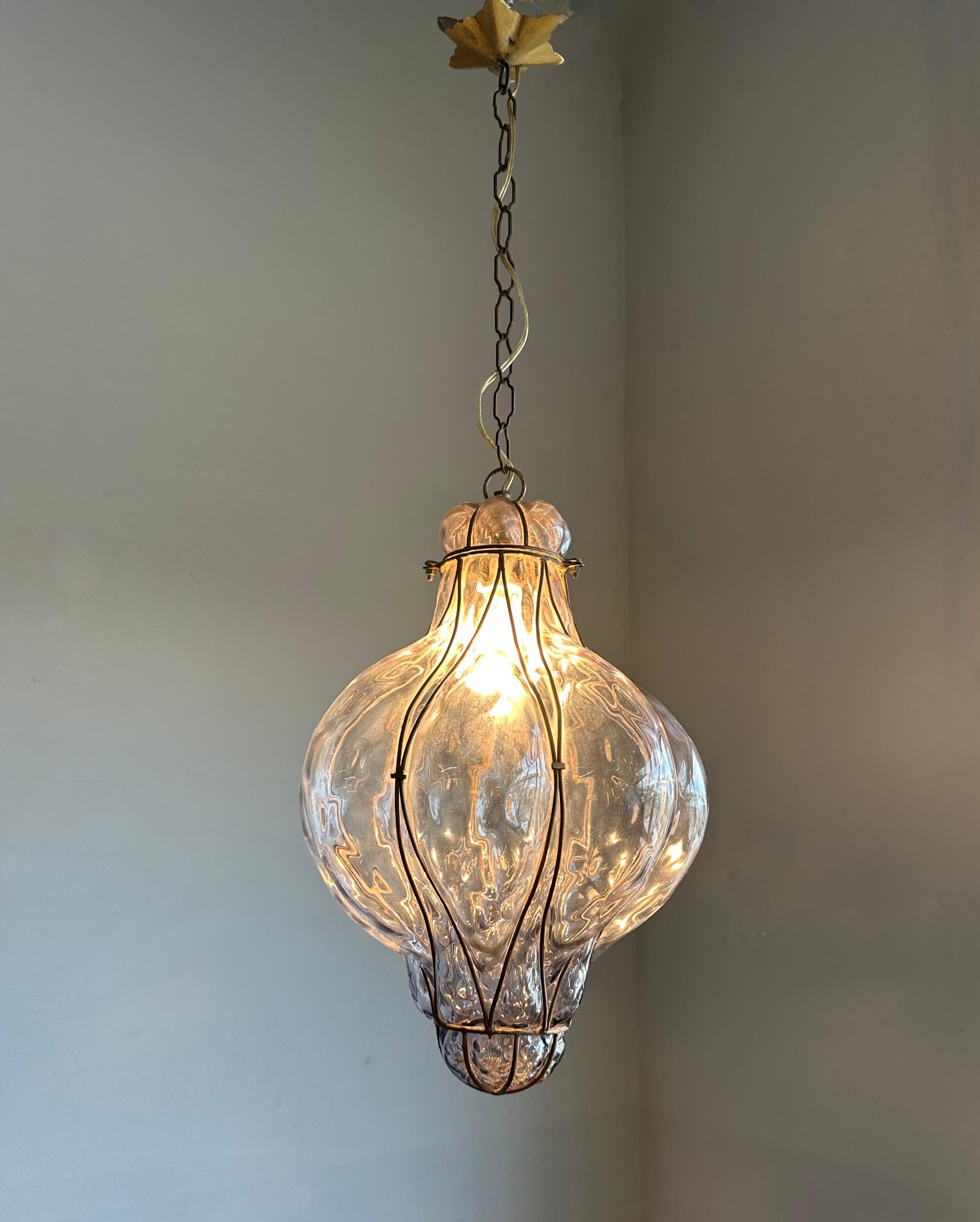Great Antique Venetian Murano Pendant Light w. Blown Smoked Glass in Iron Frame For Sale 6
