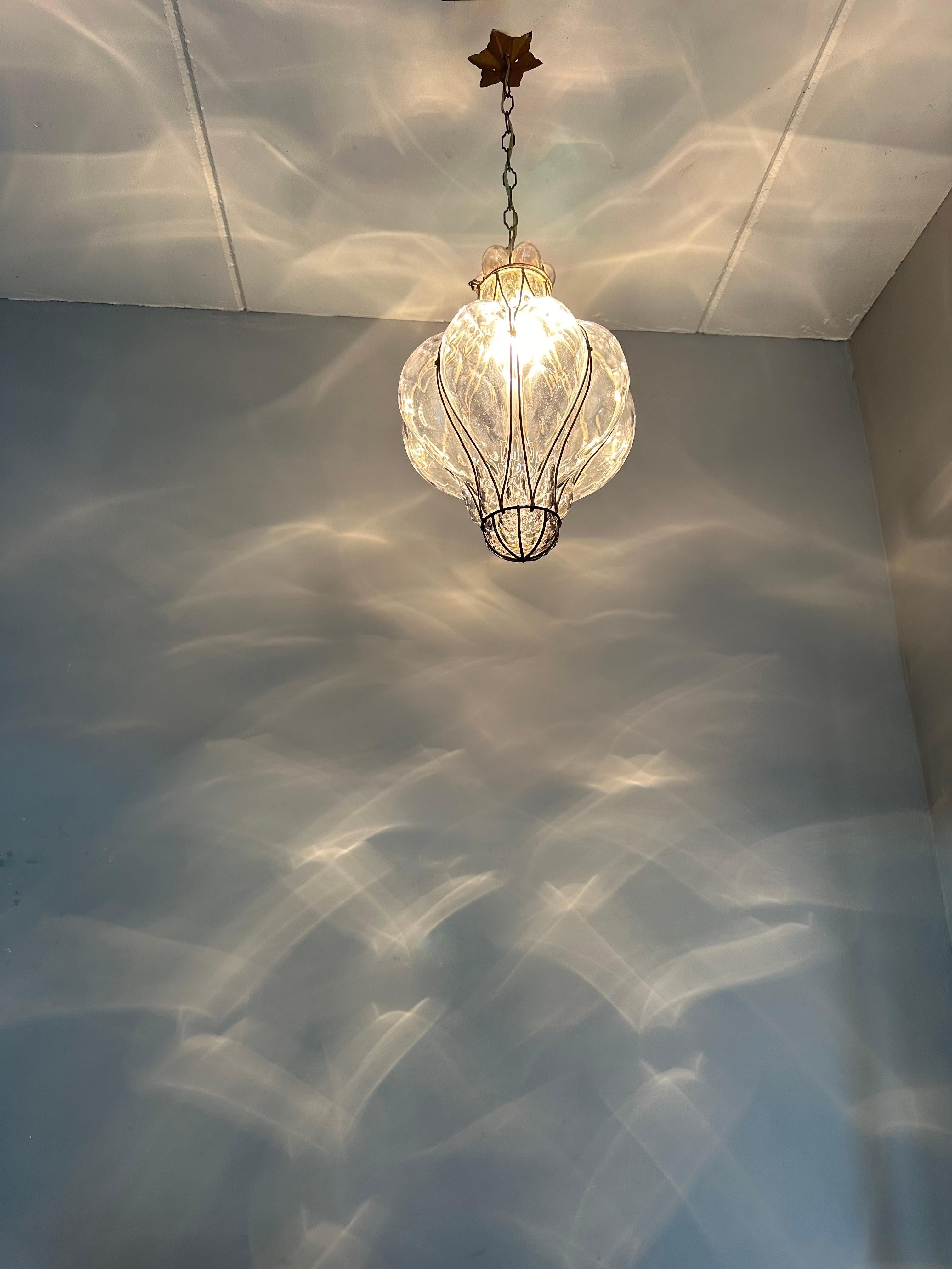 Great Antique Venetian Murano Pendant Light w. Blown Smoked Glass in Iron Frame For Sale 8