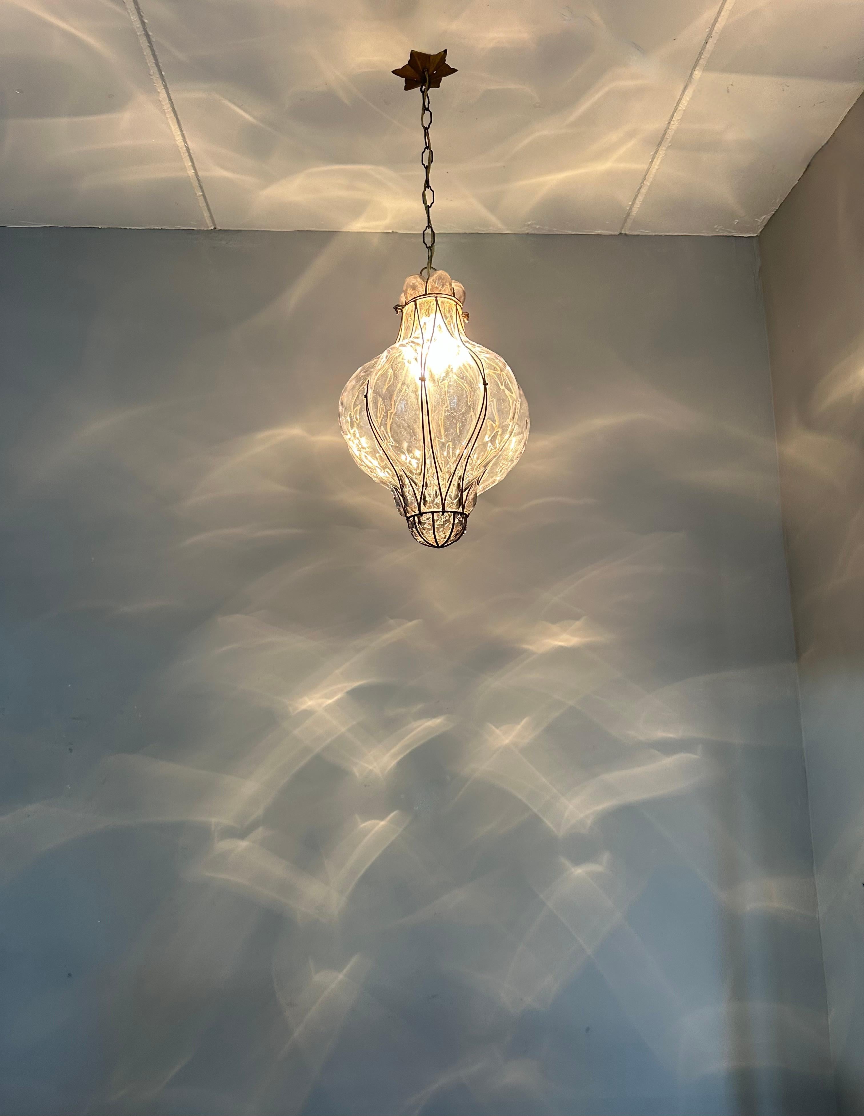 Great Antique Venetian Murano Pendant Light w. Blown Smoked Glass in Iron Frame For Sale 9