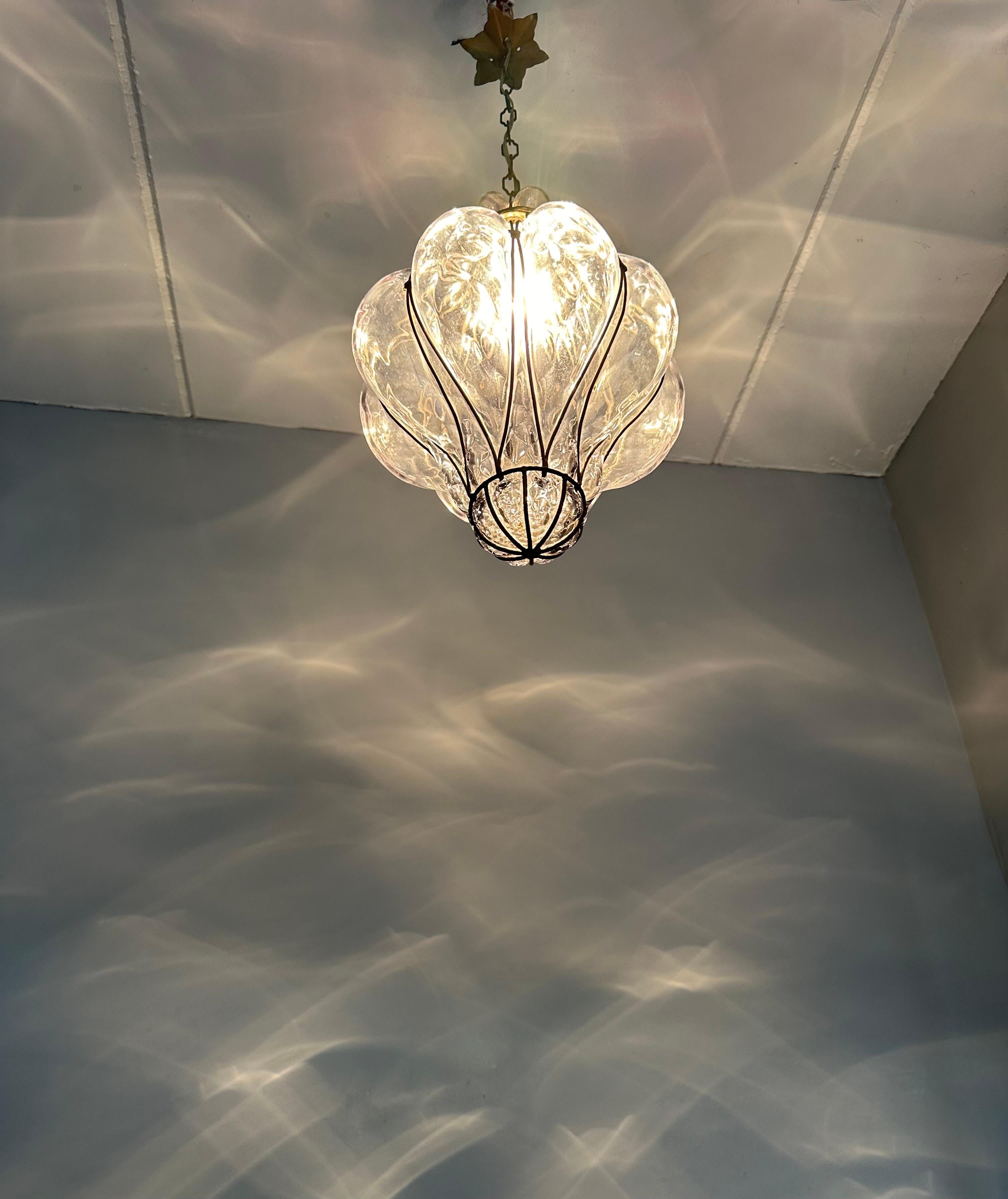 Great Antique Venetian Murano Pendant Light w. Blown Smoked Glass in Iron Frame For Sale 10