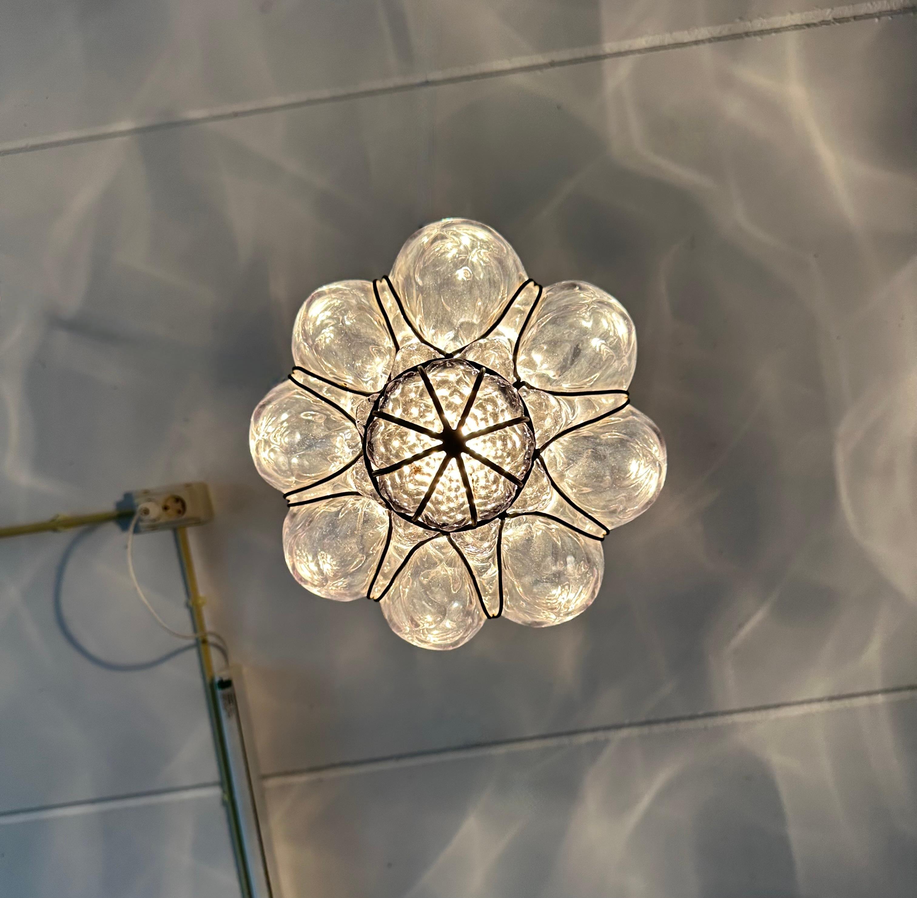 Great Antique Venetian Murano Pendant Light w. Blown Smoked Glass in Iron Frame For Sale 11
