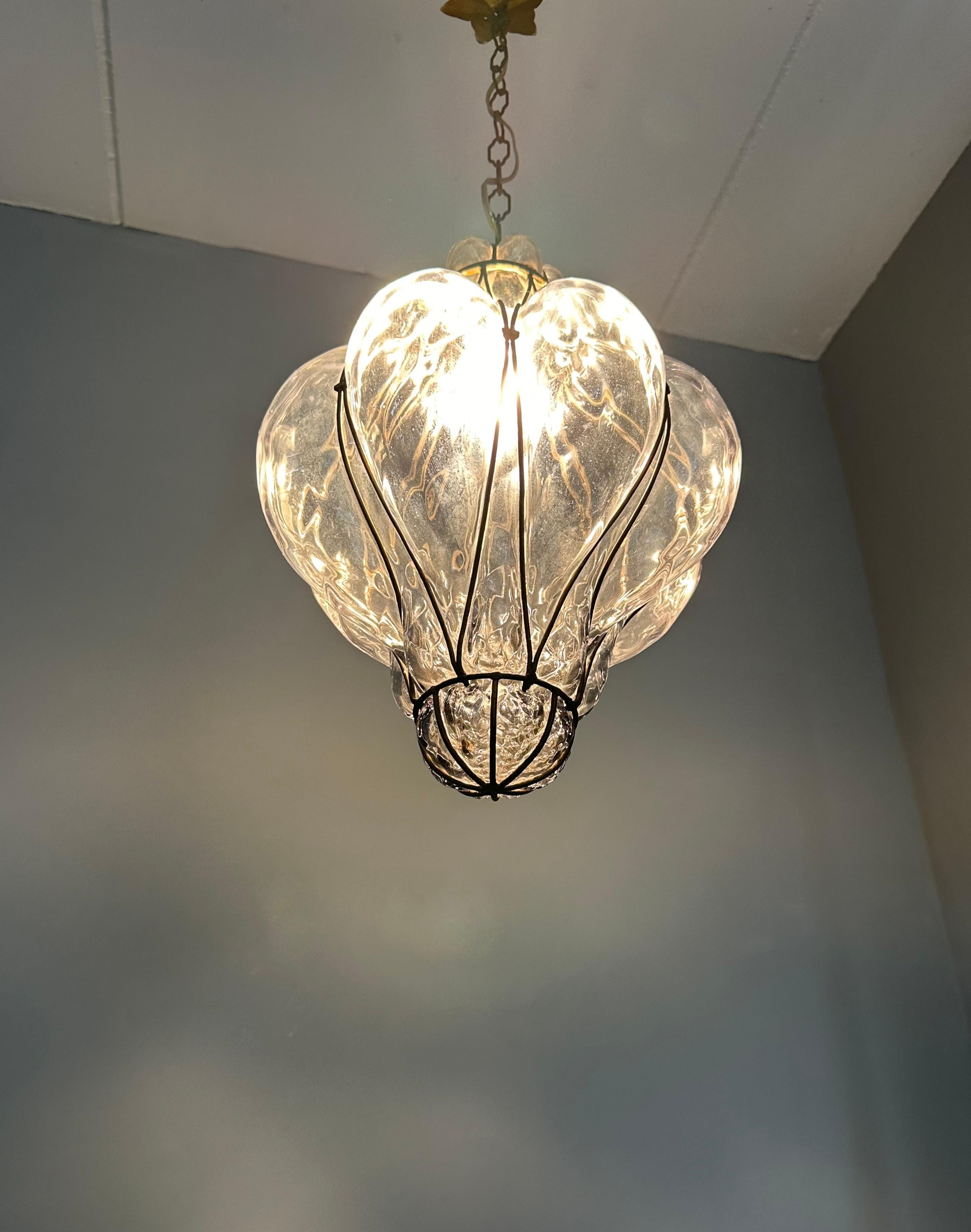 Great Antique Venetian Murano Pendant Light w. Blown Smoked Glass in Iron Frame For Sale 12