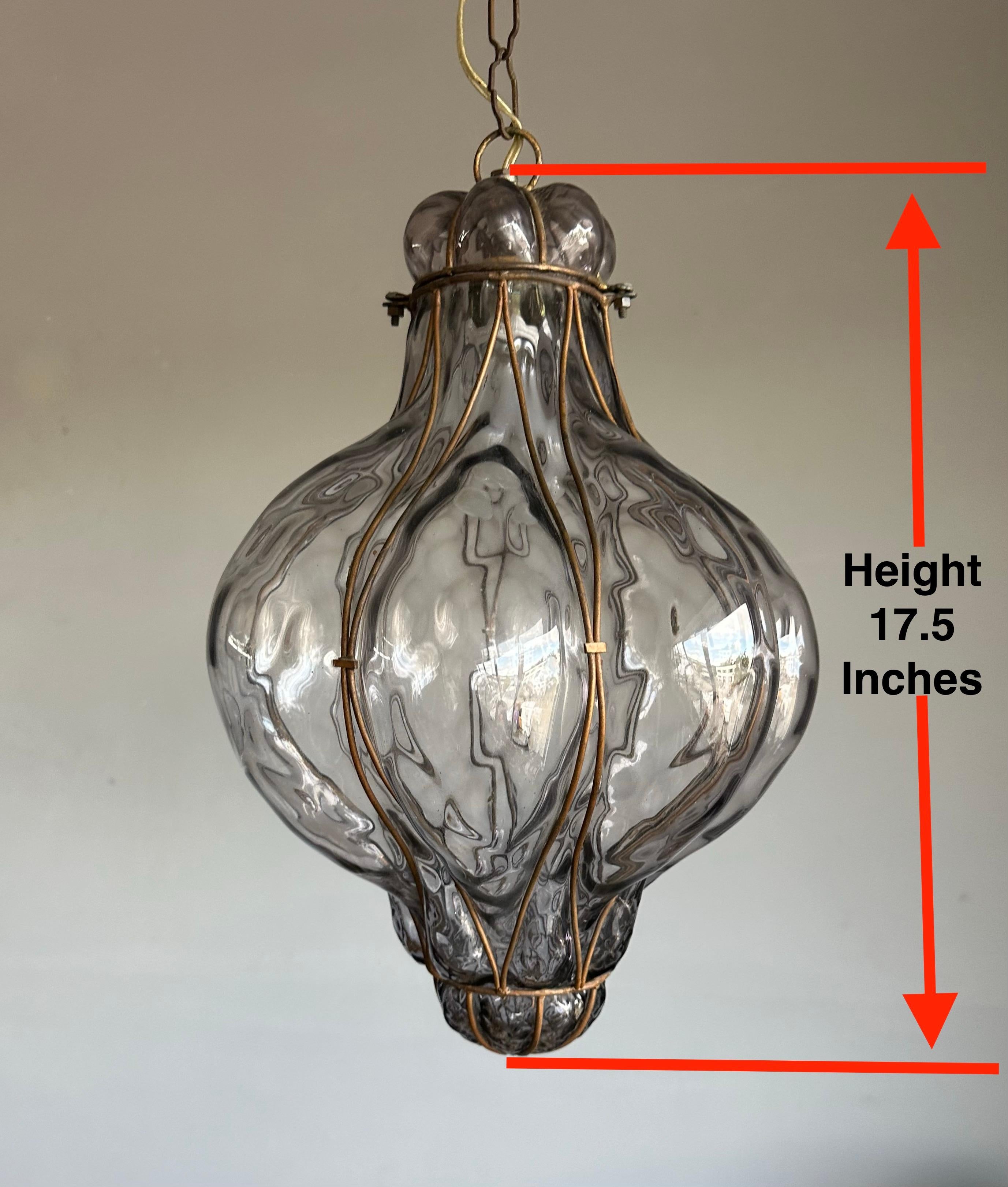 Art Deco Great Antique Venetian Murano Pendant Light w. Blown Smoked Glass in Iron Frame For Sale