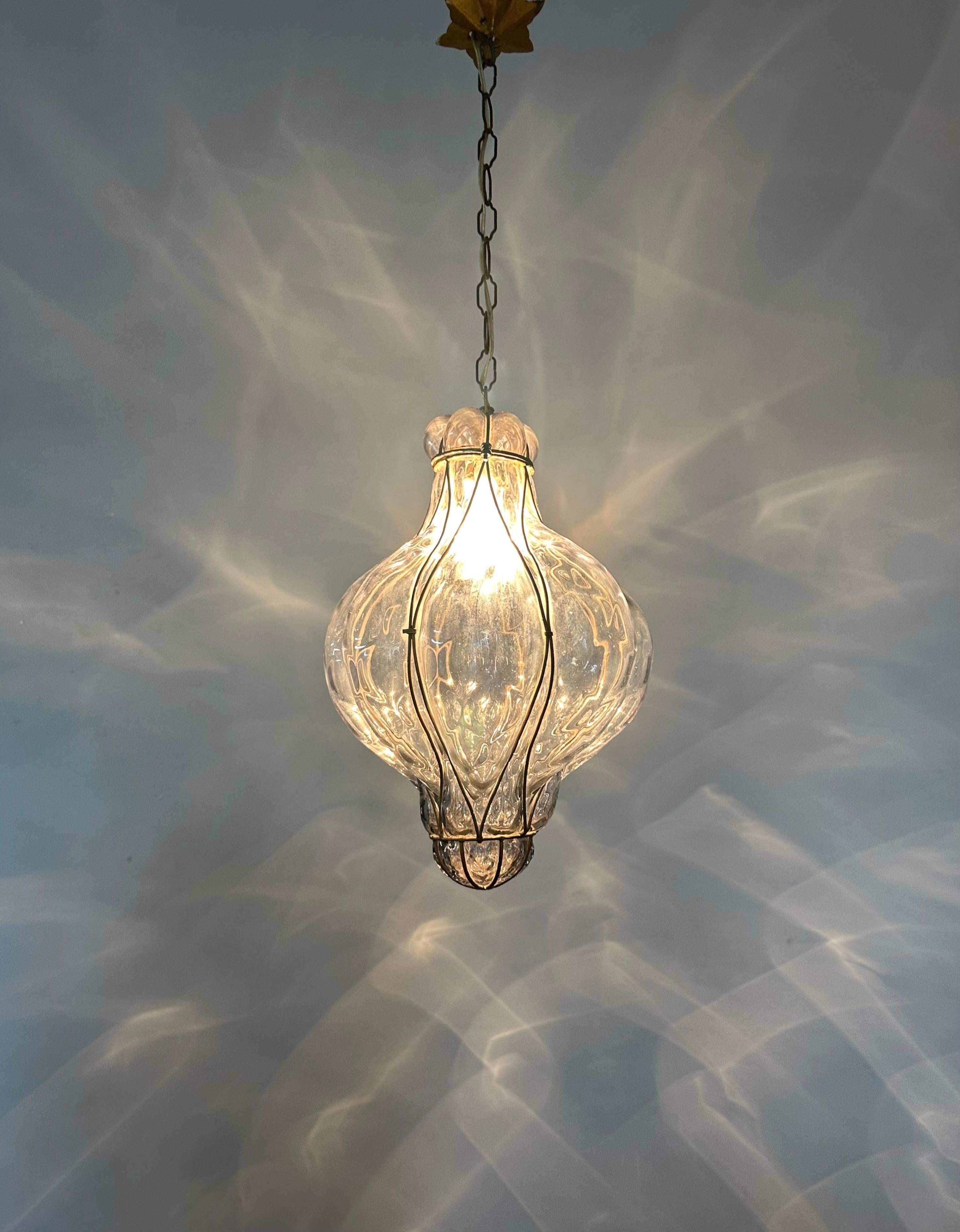 Italian Great Antique Venetian Murano Pendant Light w. Blown Smoked Glass in Iron Frame For Sale