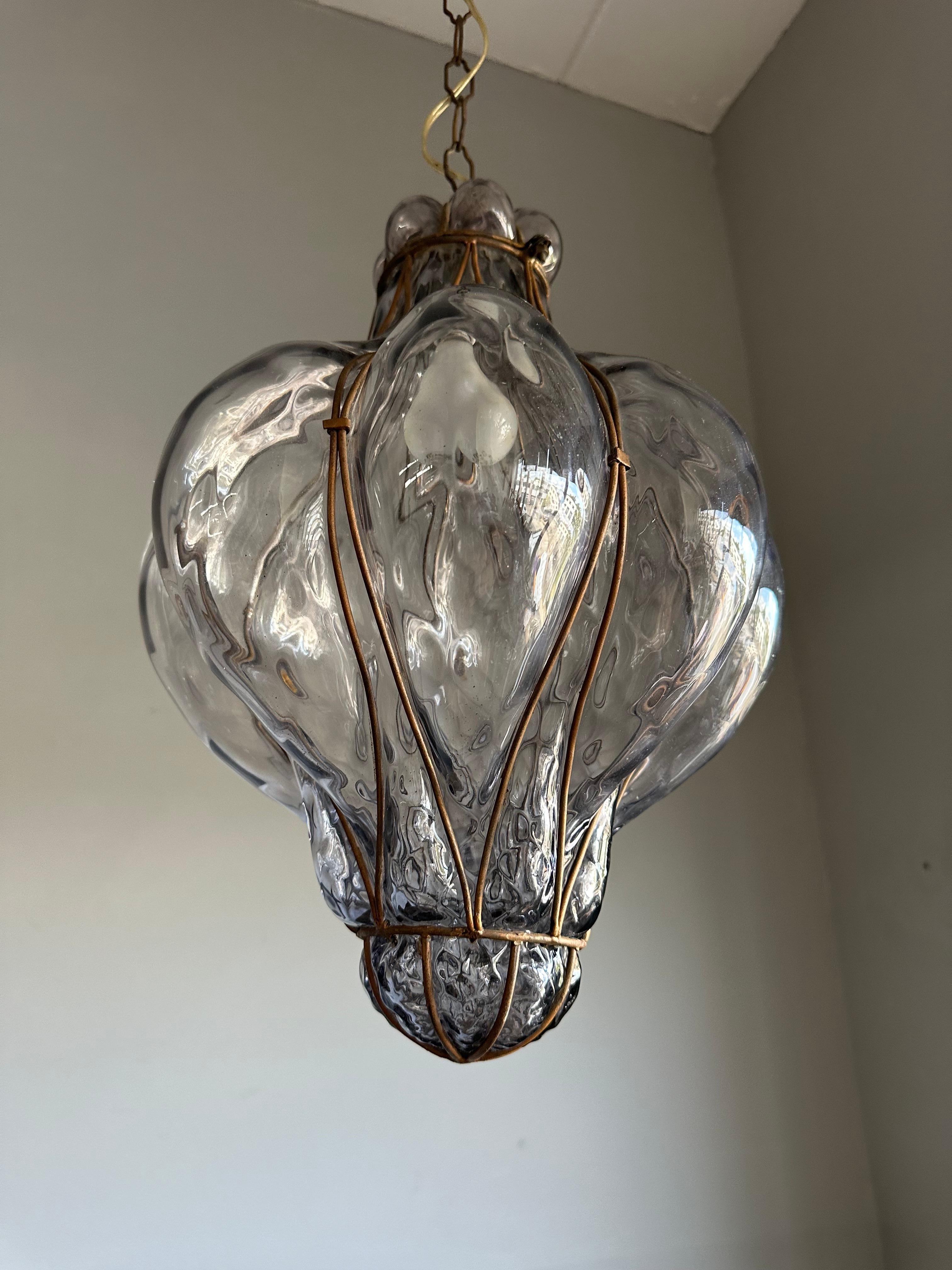Hammered Great Antique Venetian Murano Pendant Light w. Blown Smoked Glass in Iron Frame For Sale