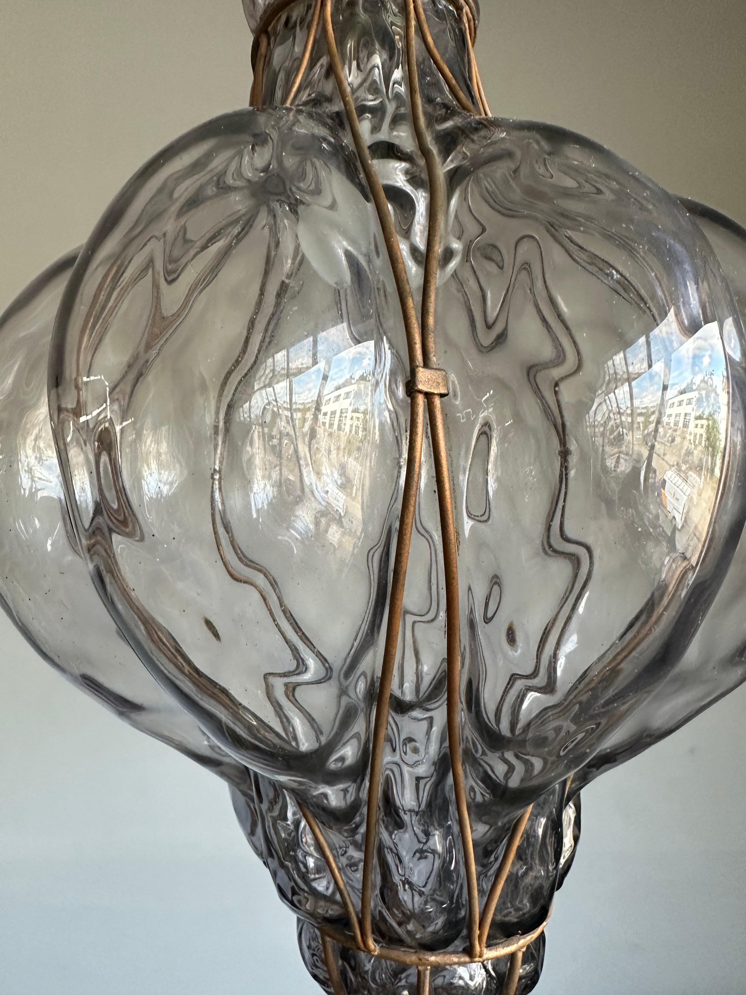 Great Antique Venetian Murano Pendant Light w. Blown Smoked Glass in Iron Frame In Excellent Condition For Sale In Lisse, NL