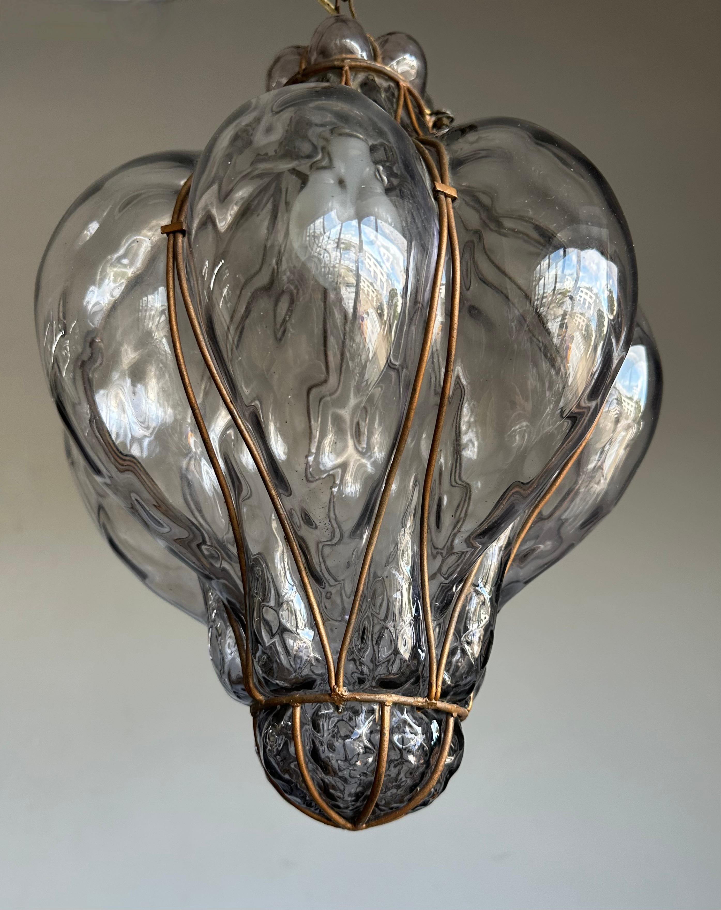 20th Century Great Antique Venetian Murano Pendant Light w. Blown Smoked Glass in Iron Frame For Sale