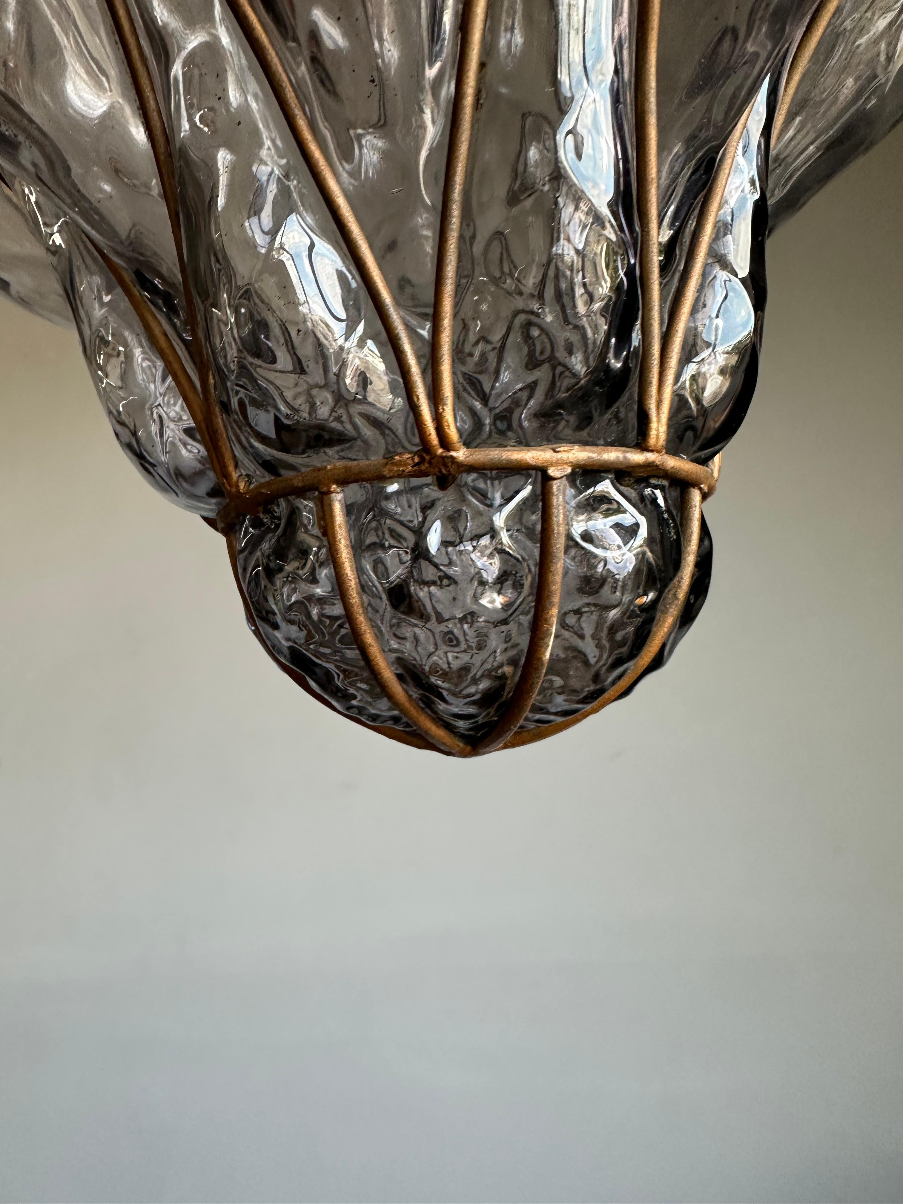 Blown Glass Great Antique Venetian Murano Pendant Light w. Blown Smoked Glass in Iron Frame For Sale