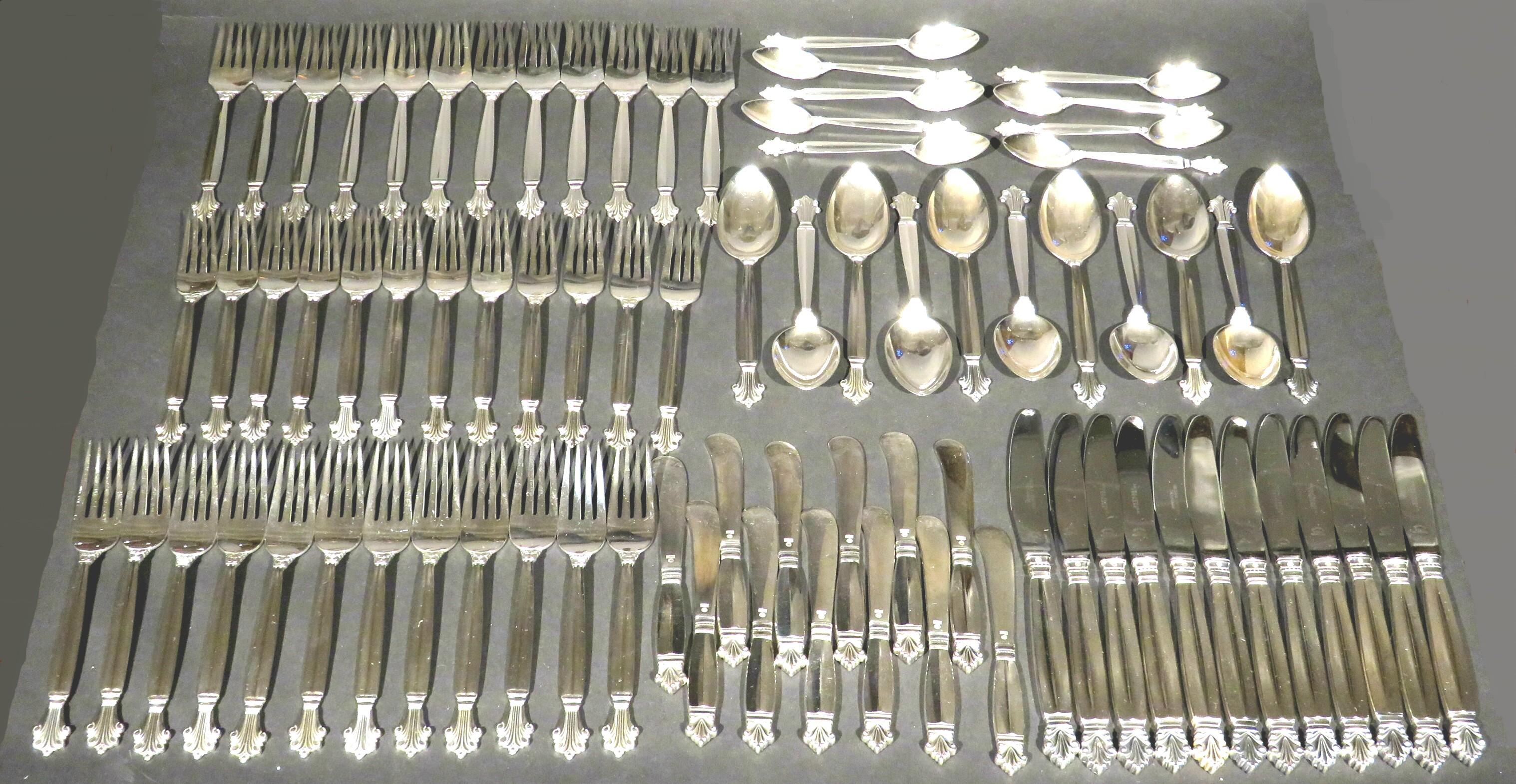 Of elegant & timeless design, this near complete sterling silver flatware service for for twelve in the Acanthus pattern was originally designed in 1917 by Johan Rohde for Georg Jensen and is comprised of the following 83 pieces, with a combined