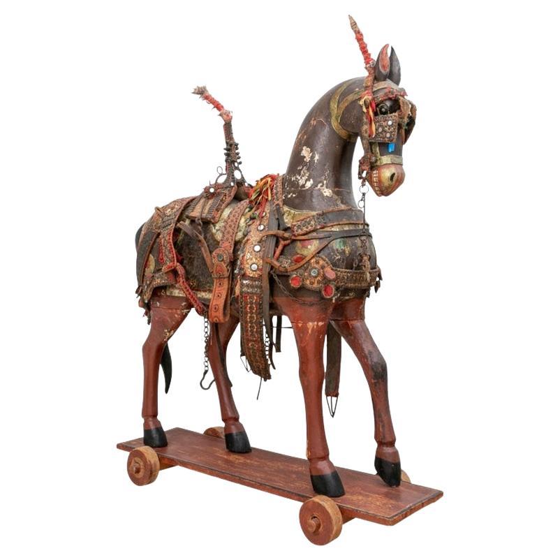 India Temple Horse On Wheeled Stand, Wooden Indian Statue Life Size In India