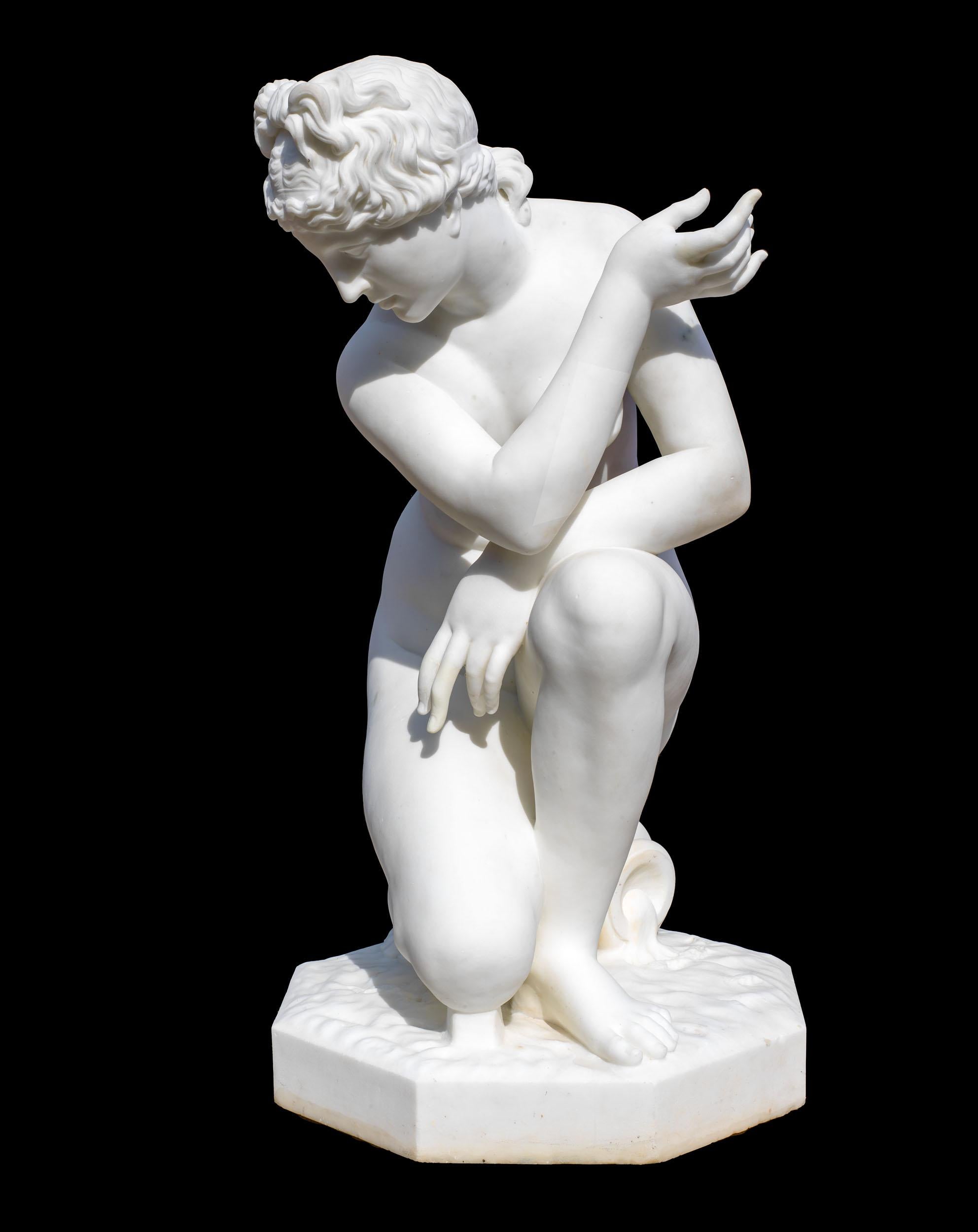 19th Century Near Life Size Marble Crouching Venus For Sale