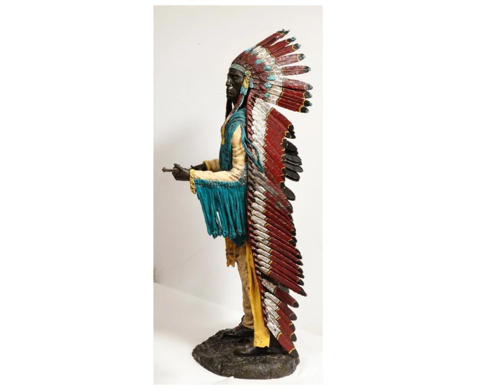 Austrian Near Life-Size Polychrome Bronze of a Native American Indian Chief after Kauba