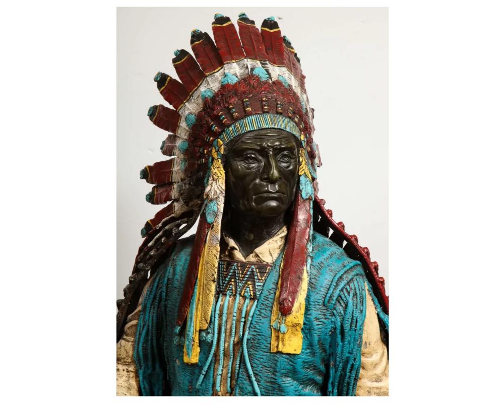 Near Life-Size Polychrome Bronze of a Native American Indian Chief after Kauba 2