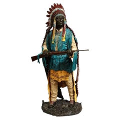 Vintage Near Life-Size Polychrome Bronze of a Native American Indian Chief after Kauba