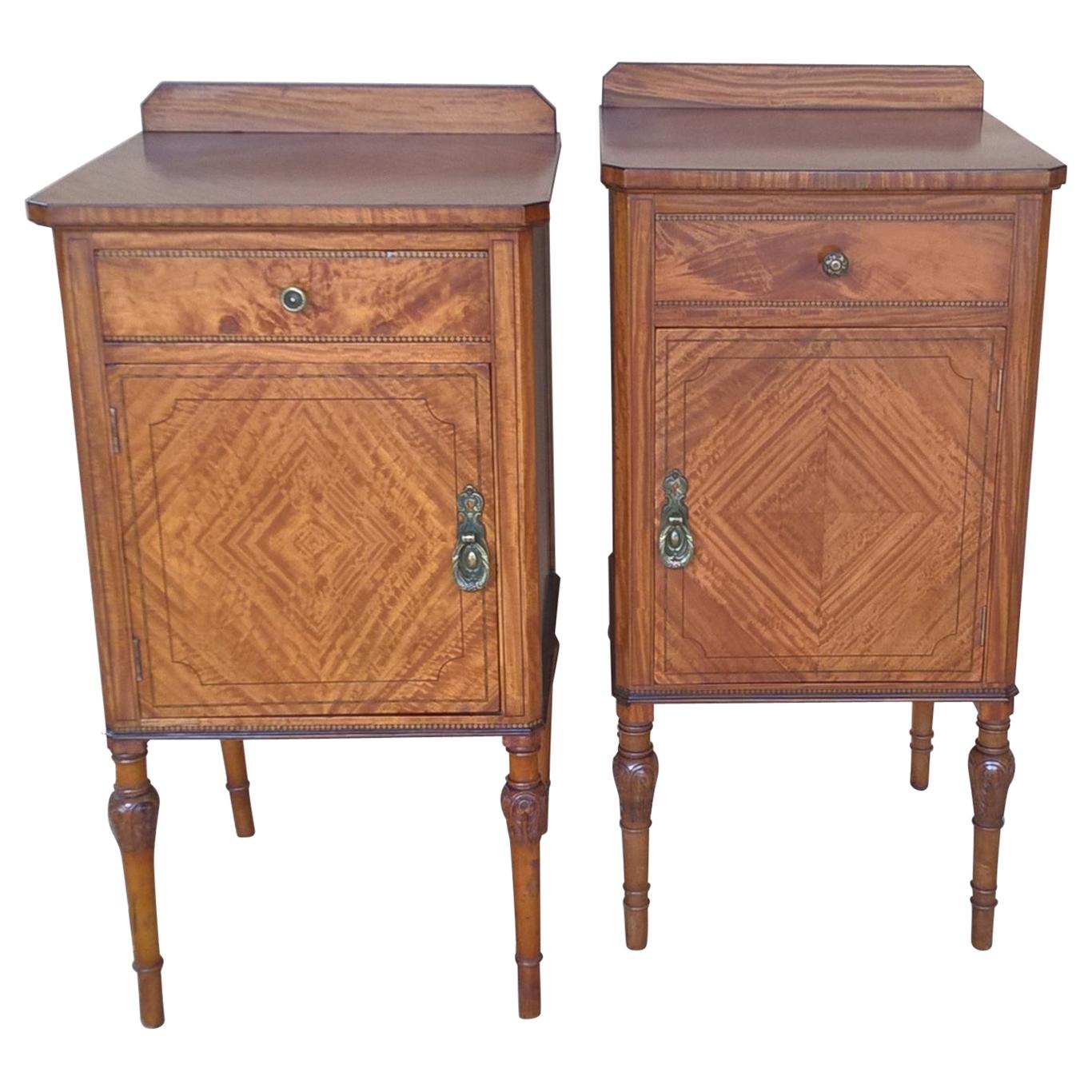 Near Matched Pair of Edwardian Satinwood Bedside Cabinets For Sale
