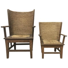 Antique Near Matching Pair of Arts & Crafts Small and Large Children's Orkney Chairs