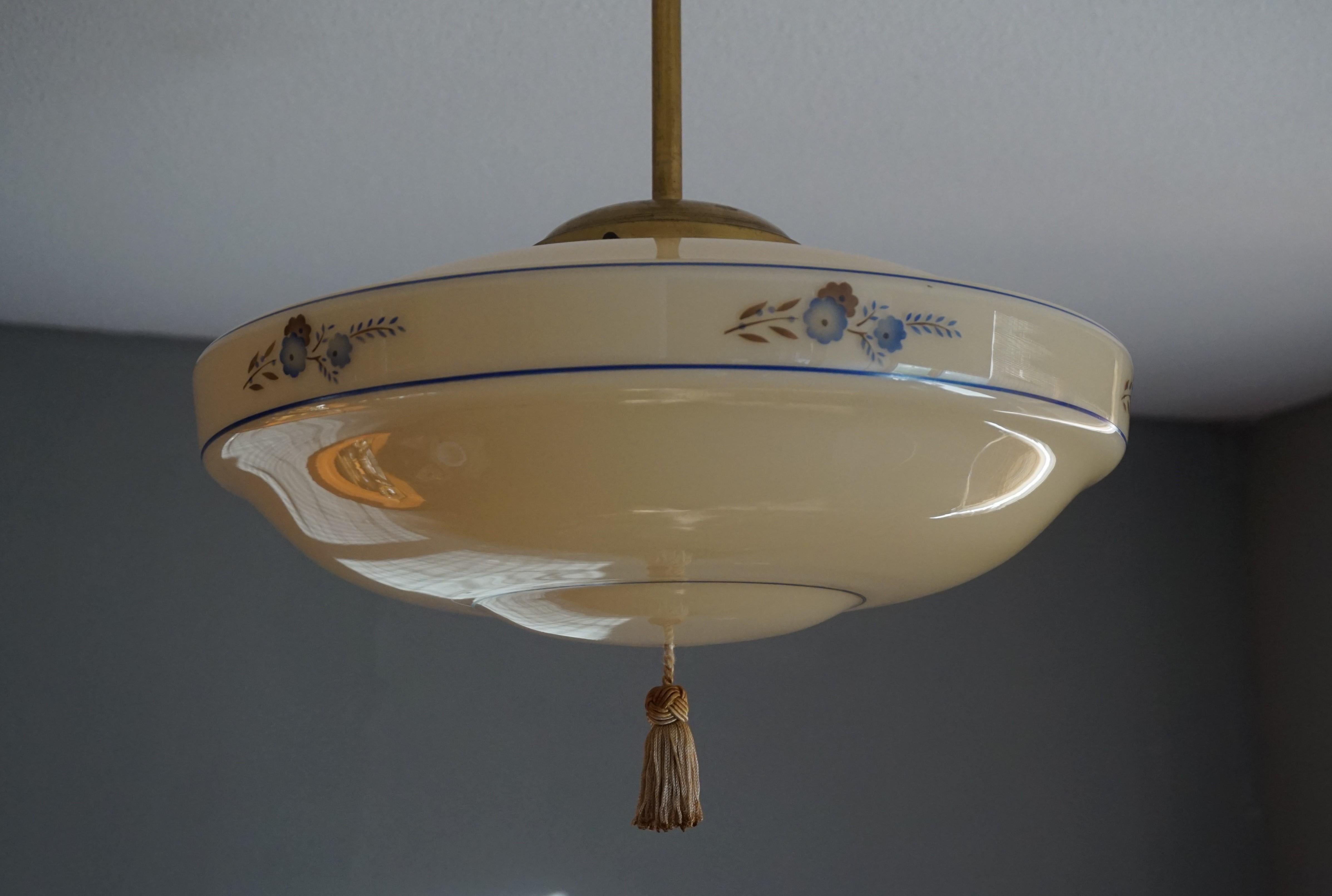 Near Mint 1930s Art Deco Pendant Light / Flush Mount w. Flowers Pattern & Tassle 2