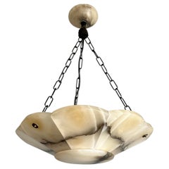 Near Mint Art Deco White & Black Alabaster Pendant Chandelier w. Chain & Canopy