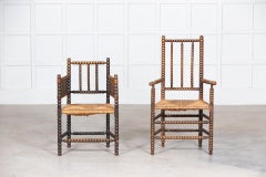 Near Pair 19thC Oak Arts & Crafts Bobbin Armchairs